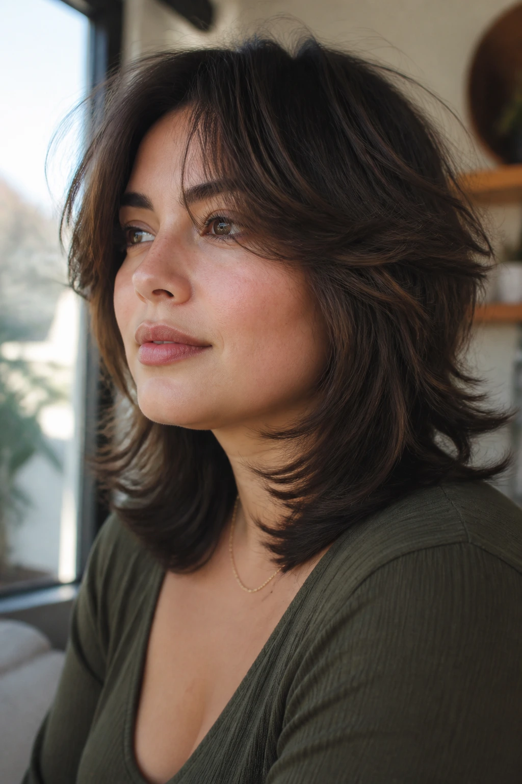 Close-up portrait of a real woman with soft wolf cut and rounded edges