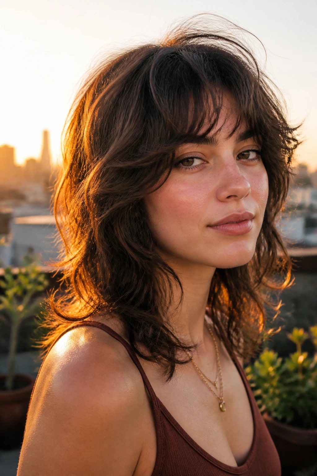Close-up of a real woman with a soft wolf cut and rounded ends on a rooftop at golden hour