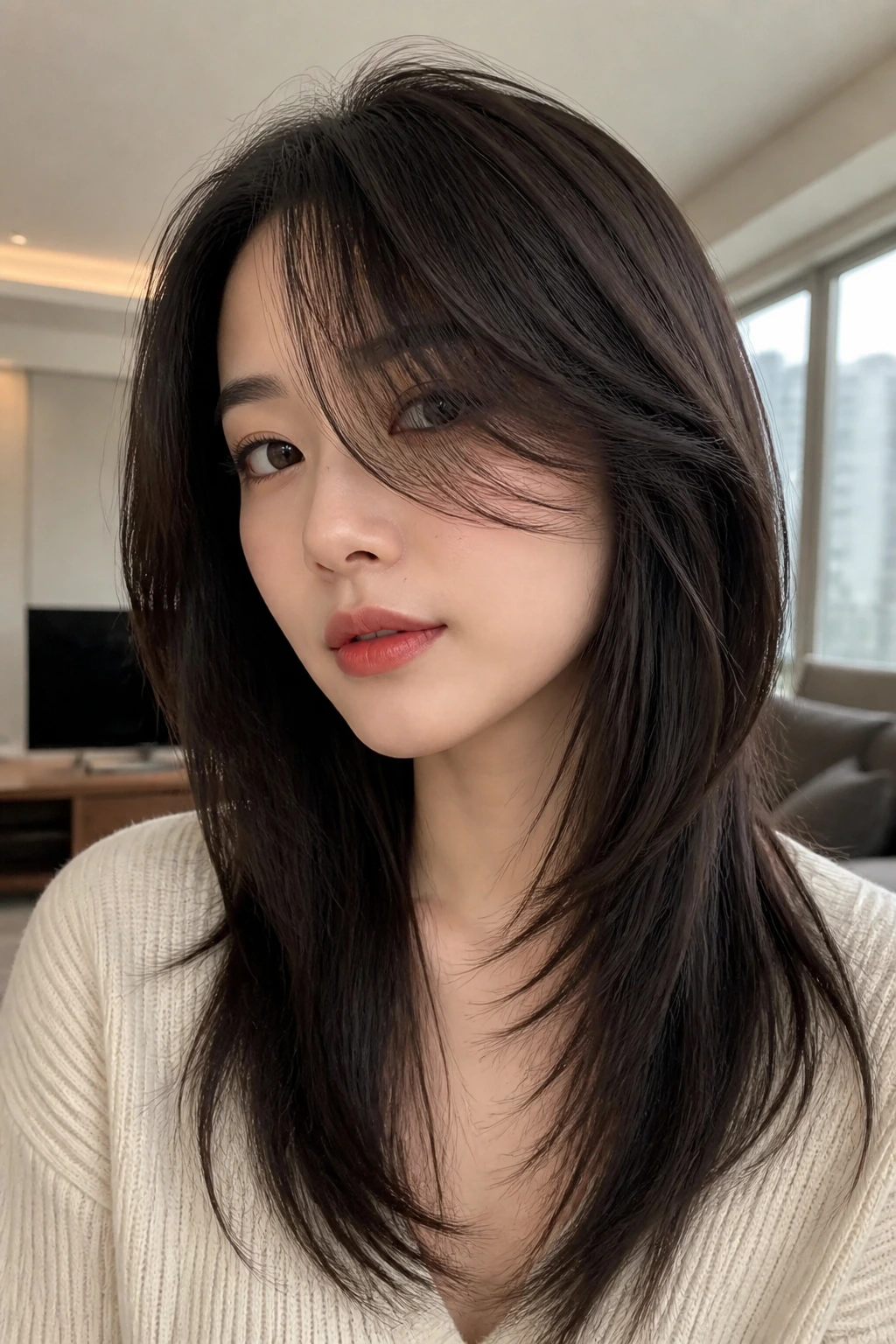 Close-up portrait of a real person with a soft wolf cut on straight hair and side-swept bang