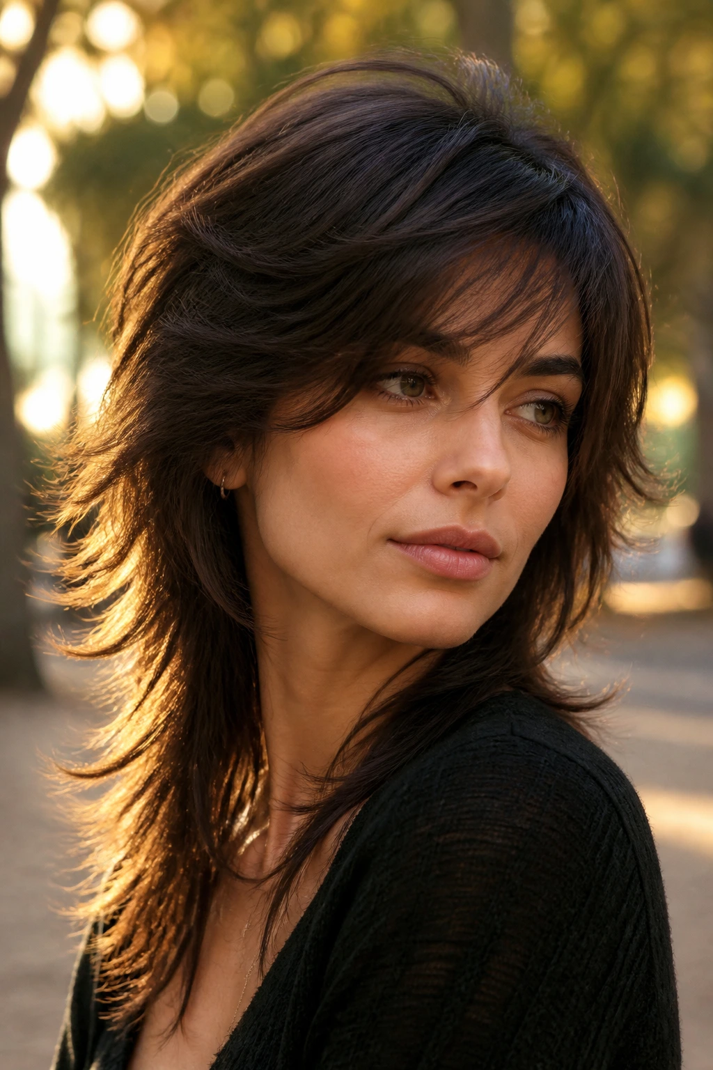 Close-up portrait of a real person with a soft wolf cut sweep