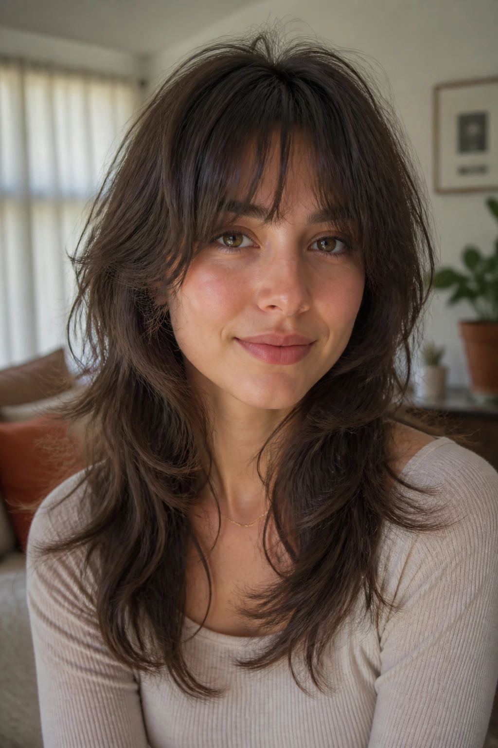 Portrait of a woman with a soft wolf cut and tapered fringe in natural light.