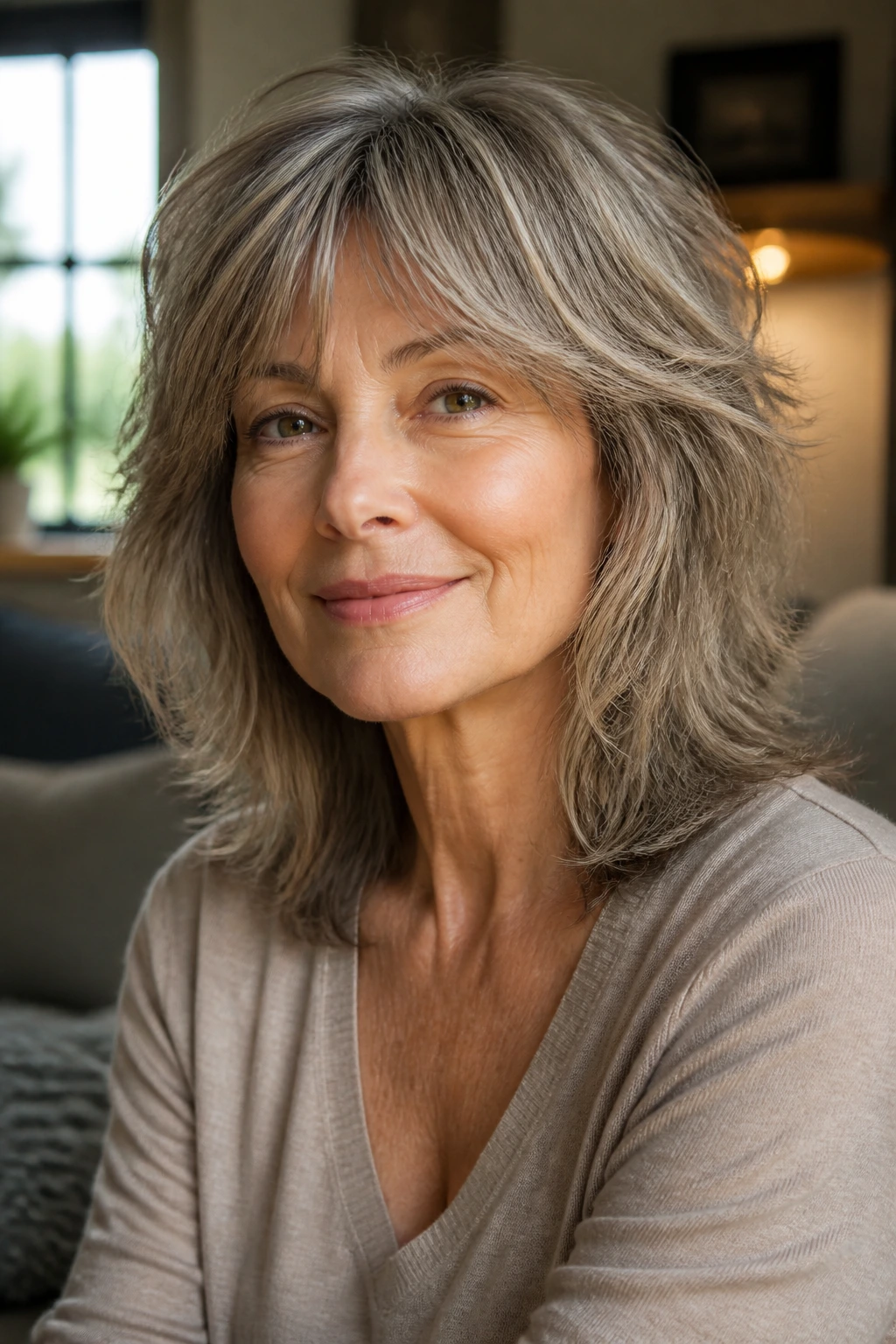 Close-up of a real woman with a soft wolf cut and controlled texture.
