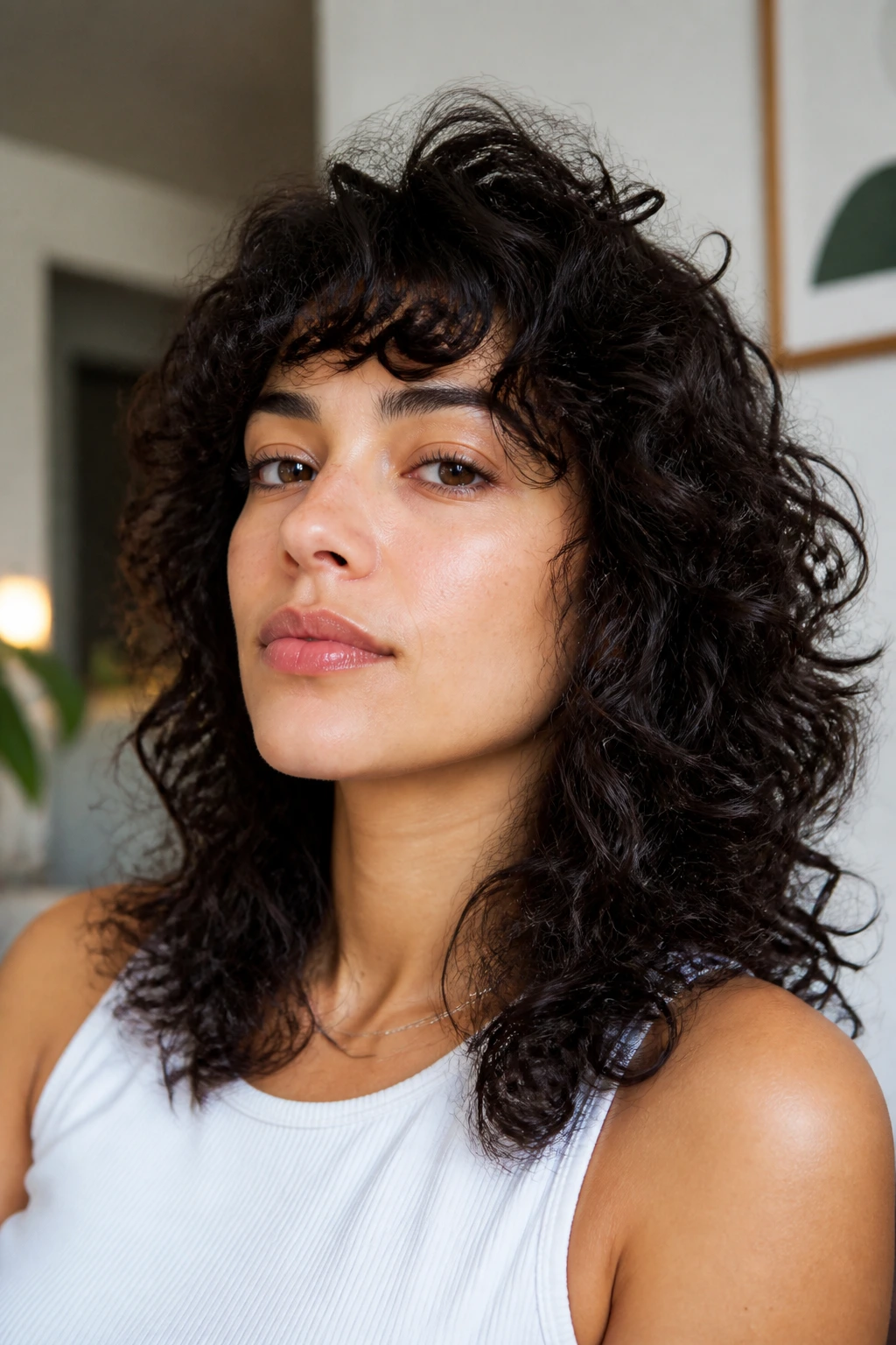 Close-up of a real person with a soft wolf cut on thick curls