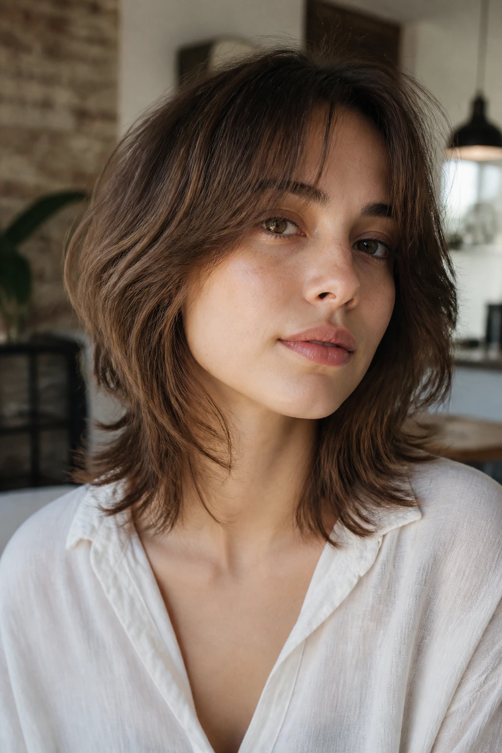 Close-up portrait of a real person with Soft Wolf Cut for Thin Hair