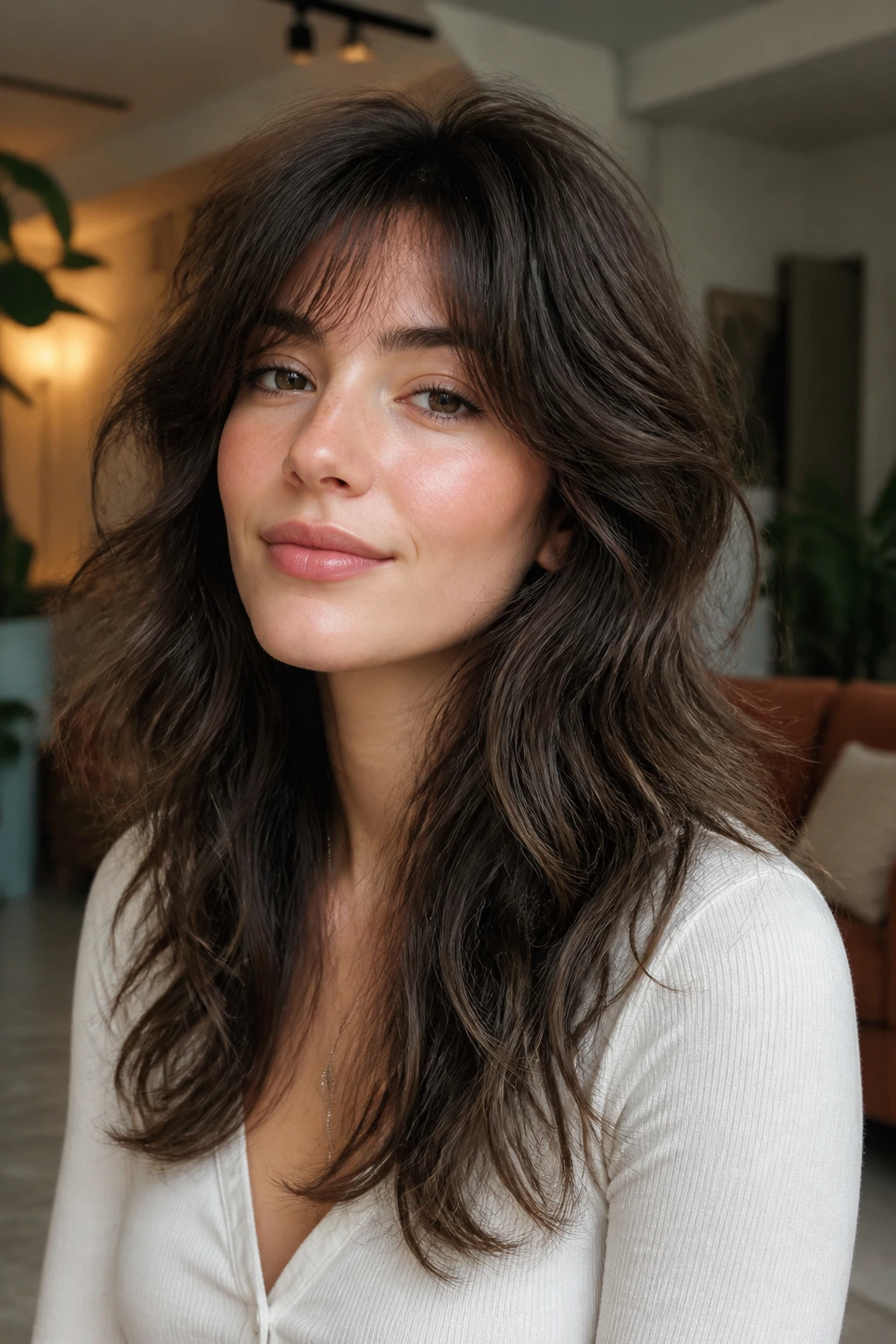 Close-up of a soft wolf cut on long waves with crown lift