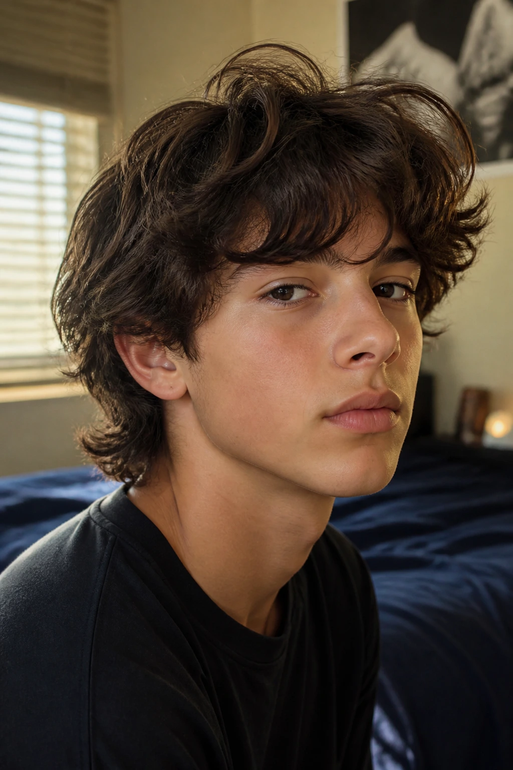 Close-up portrait of a real boy with a soft wolf cut hairstyle in a cozy bedroom.