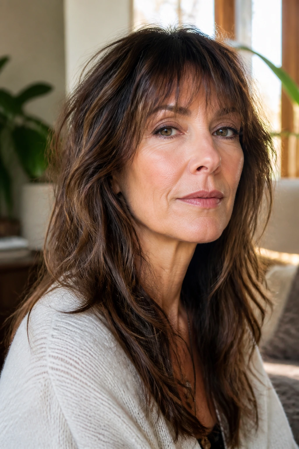 Close-up of a real woman with a soft wolf cut in warm window light