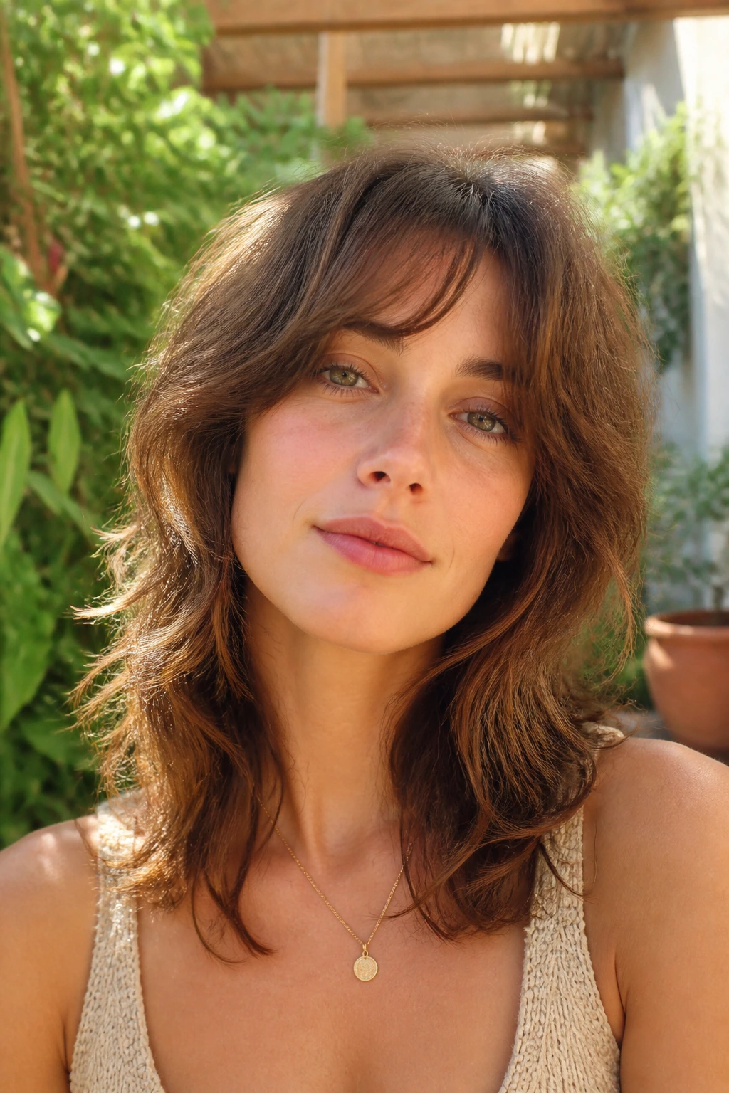 Portrait of a woman with soft wolf cut on wavy hair, warm sunlight.