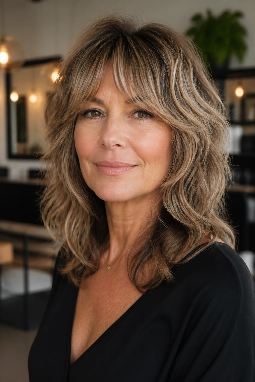 Portrait of a woman with a soft wolf cut on wavy hair in a salon setting.