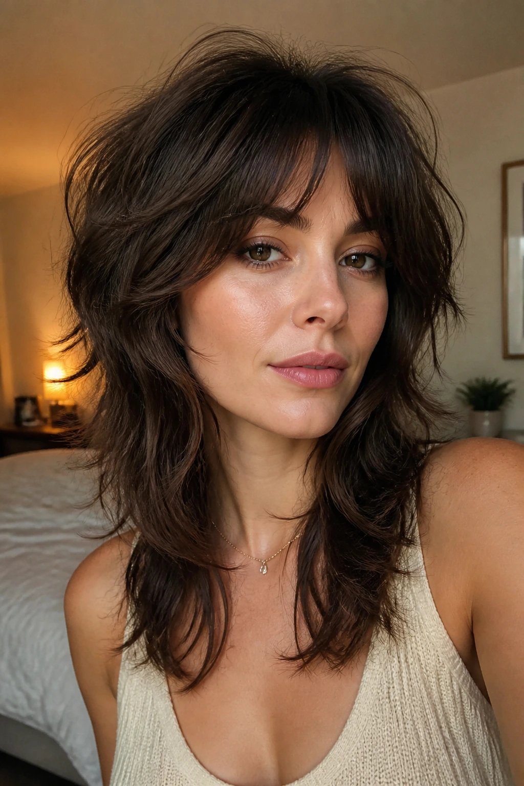Portrait of a real woman with a soft wolf cut and textured layers.