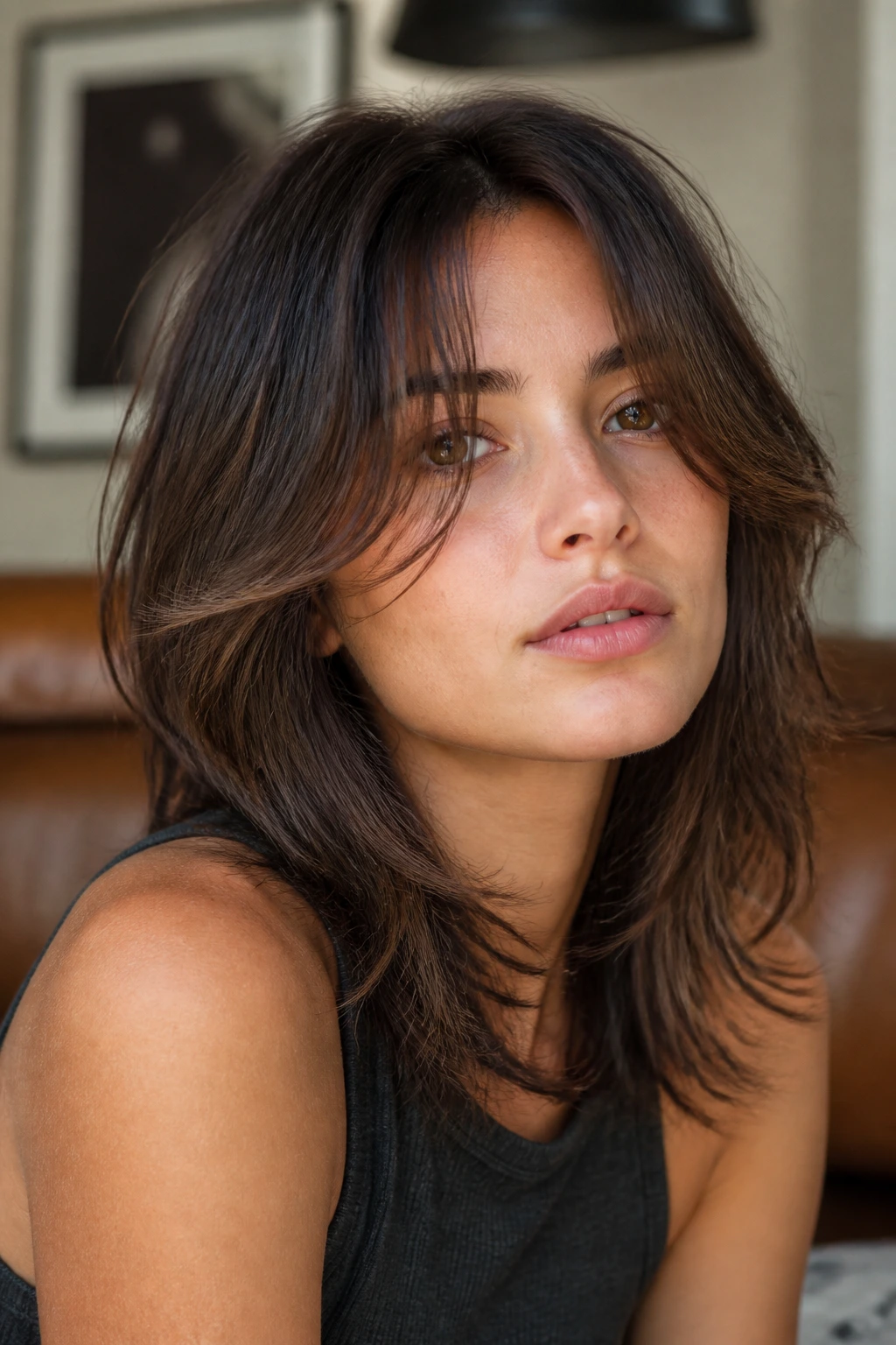 Close-up of a woman with soft wolfy layers and textured front pieces