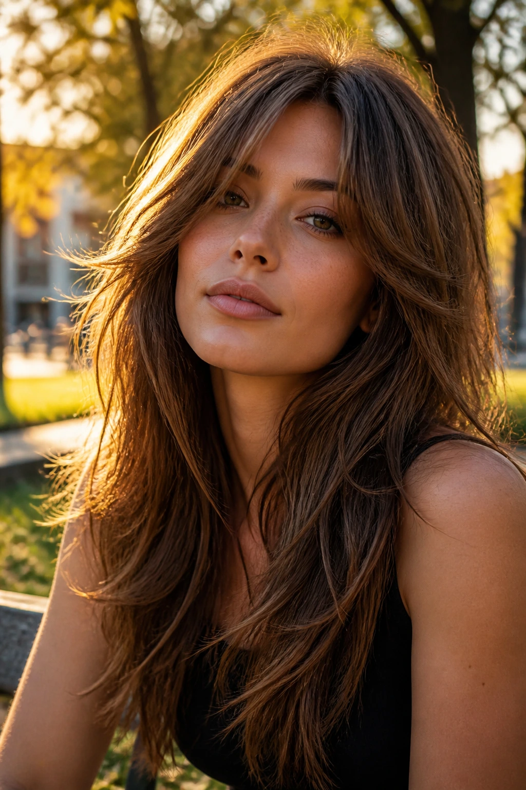 Close-up of a real woman with soft wolf-lite layers on long hair.
