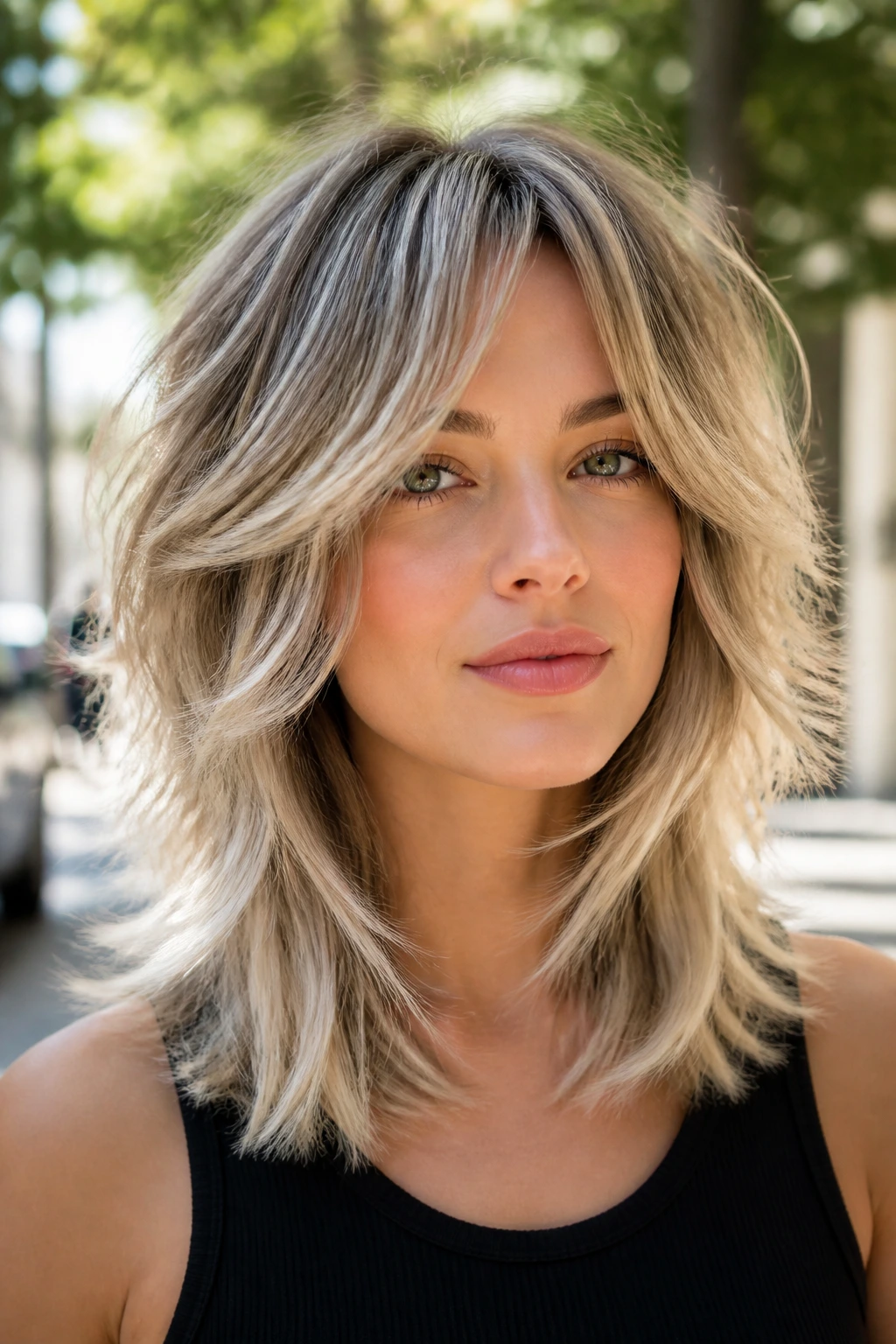 Close-up of a real woman with soft wolf layers and pearl blonde tips