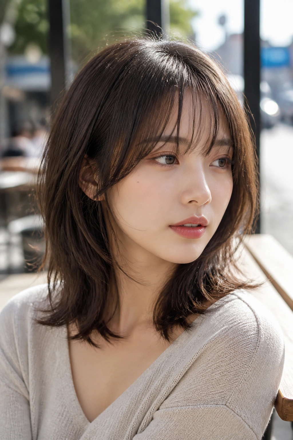 Close-up portrait of a real woman with a soft wolf lob and soft bangs in a cafe setting