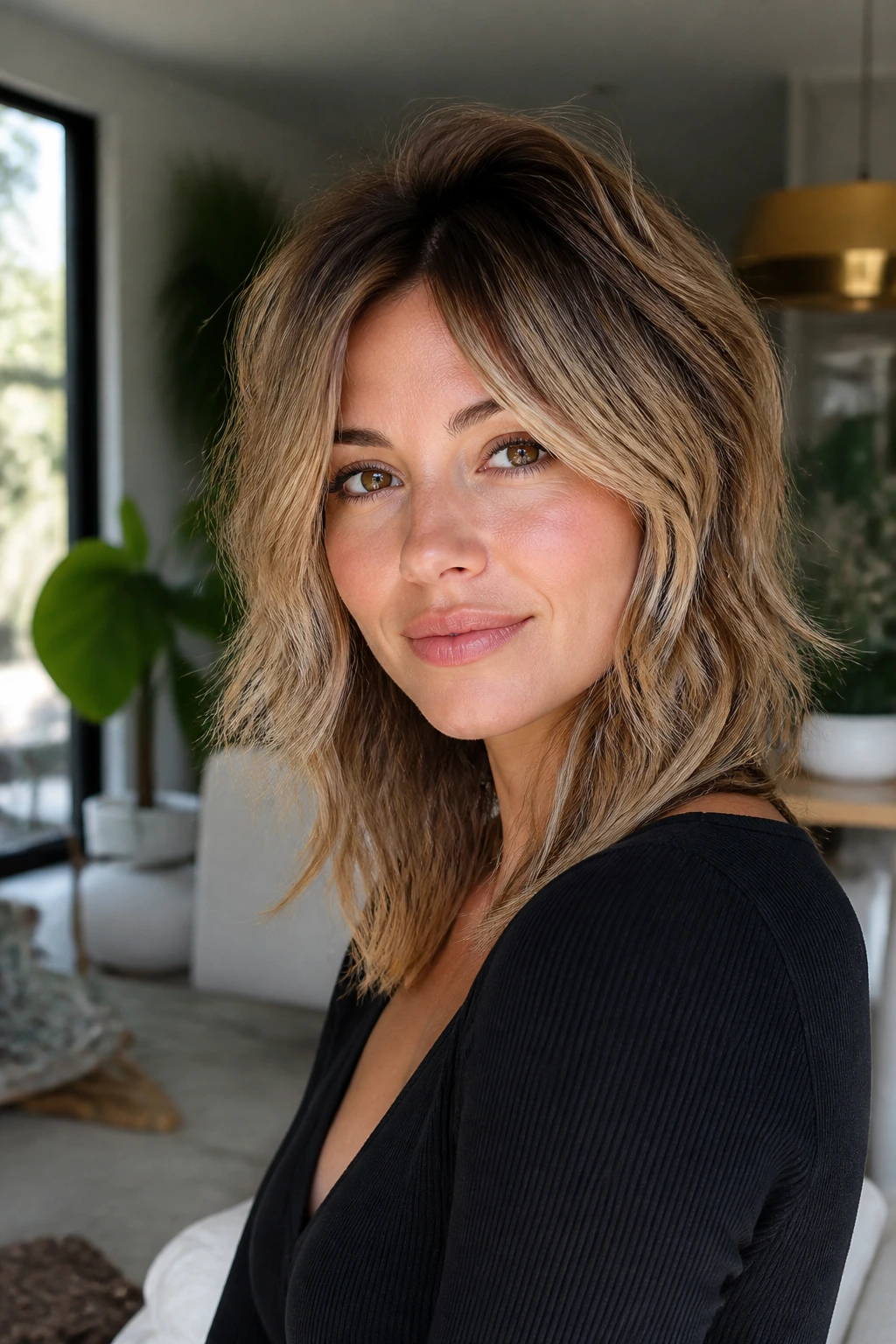 Close-up of a real woman with a soft wolf-lob hairstyle