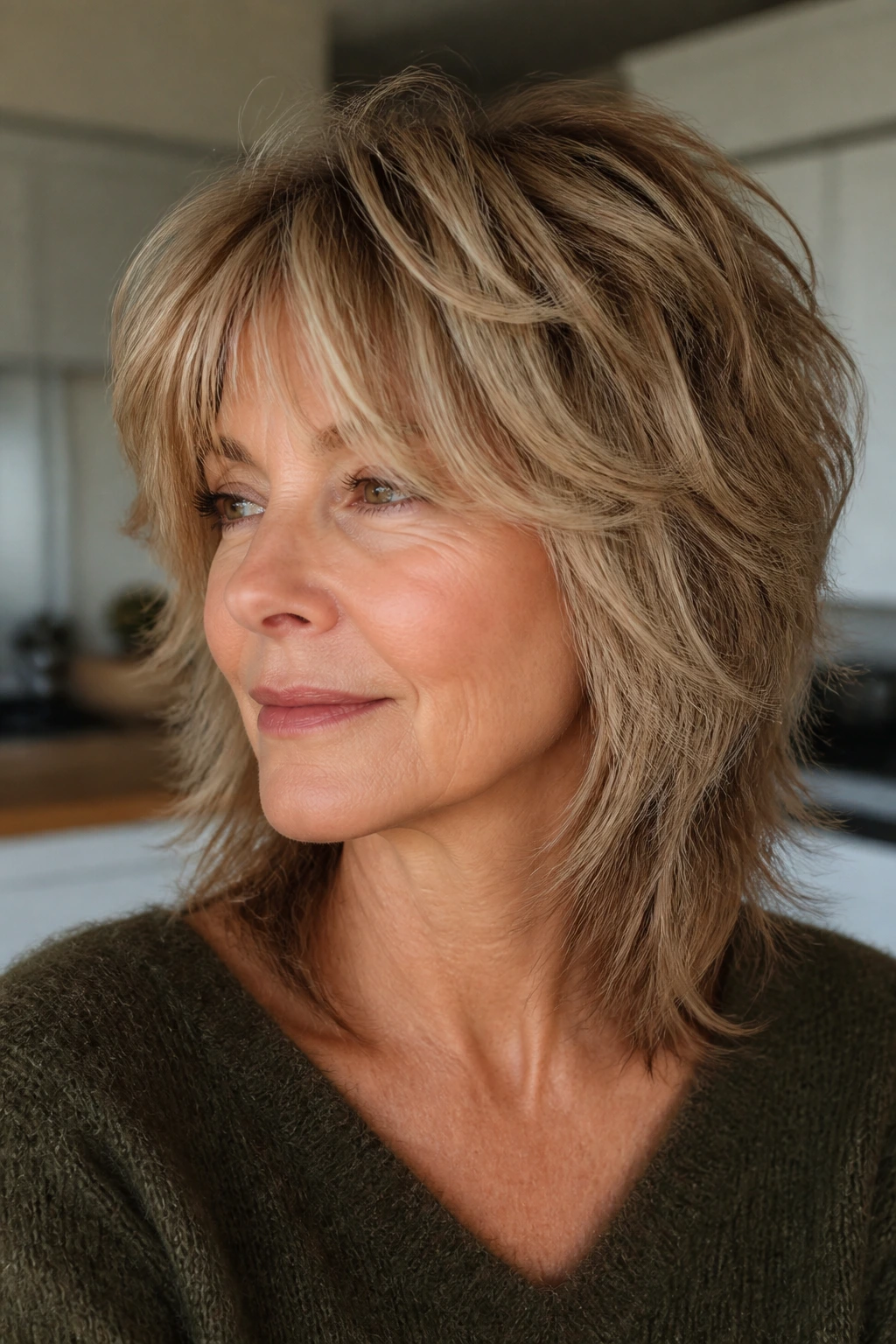 Close-up of a real woman with a soft wolf-inspired shag