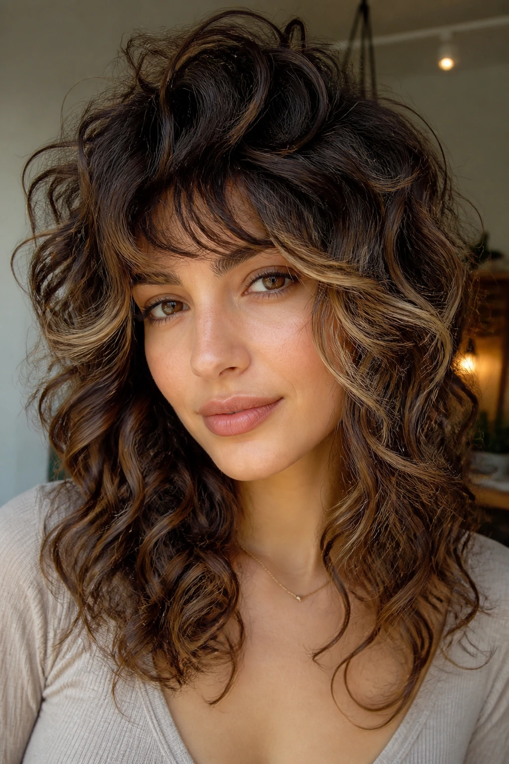 Close-up of soft wolf shag with face-framing babylights on a real woman