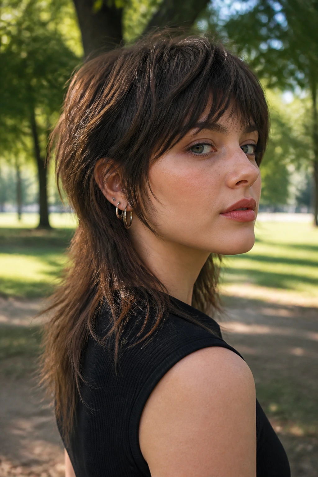 Profile of a woman with soft wolf shag and tapered back