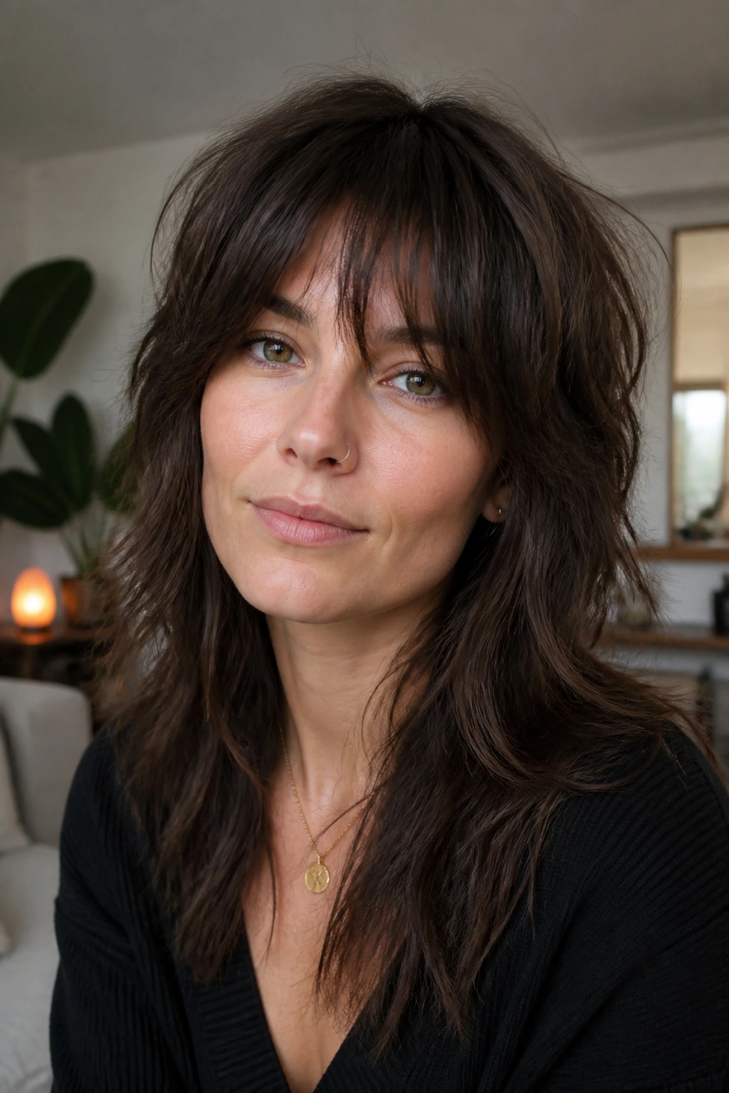 Close-up portrait of a real person wearing soft wolf shag bangs with feathery layers