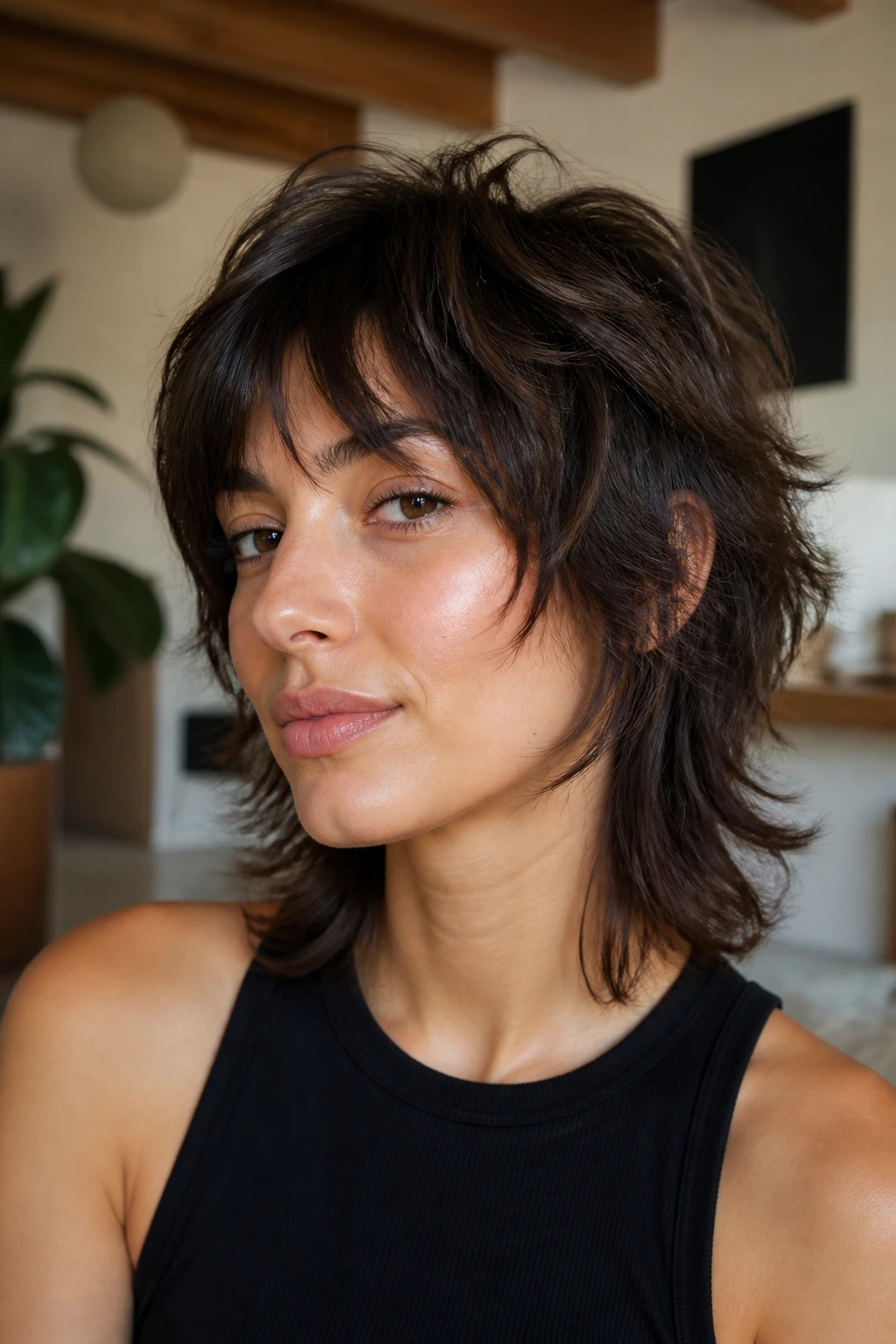 Close-up portrait of a real person with Soft Wolf Shag featuring lifted crown and blended edges
