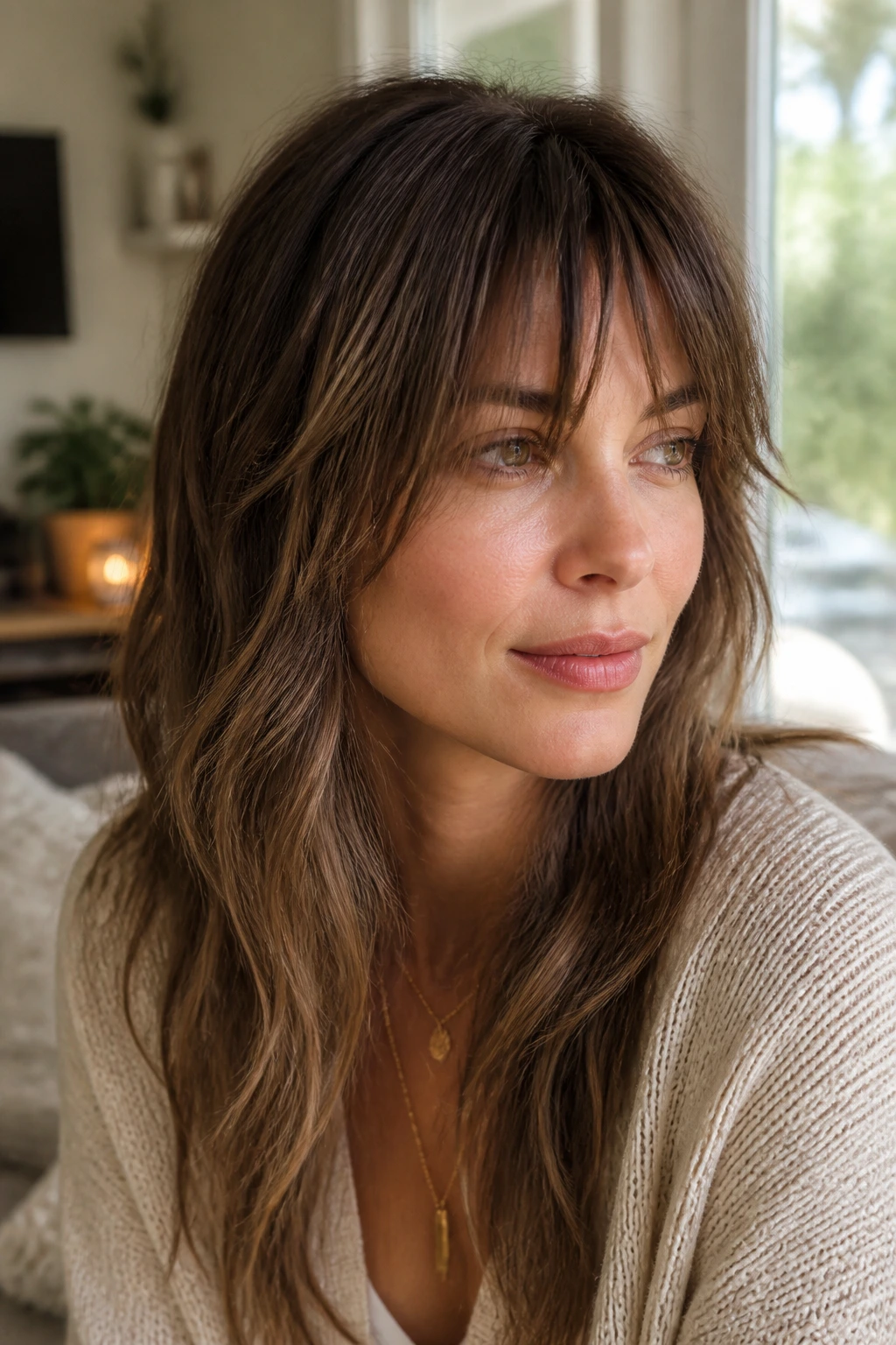 Close-up of a real woman with soft wolfy fringe and broken edge