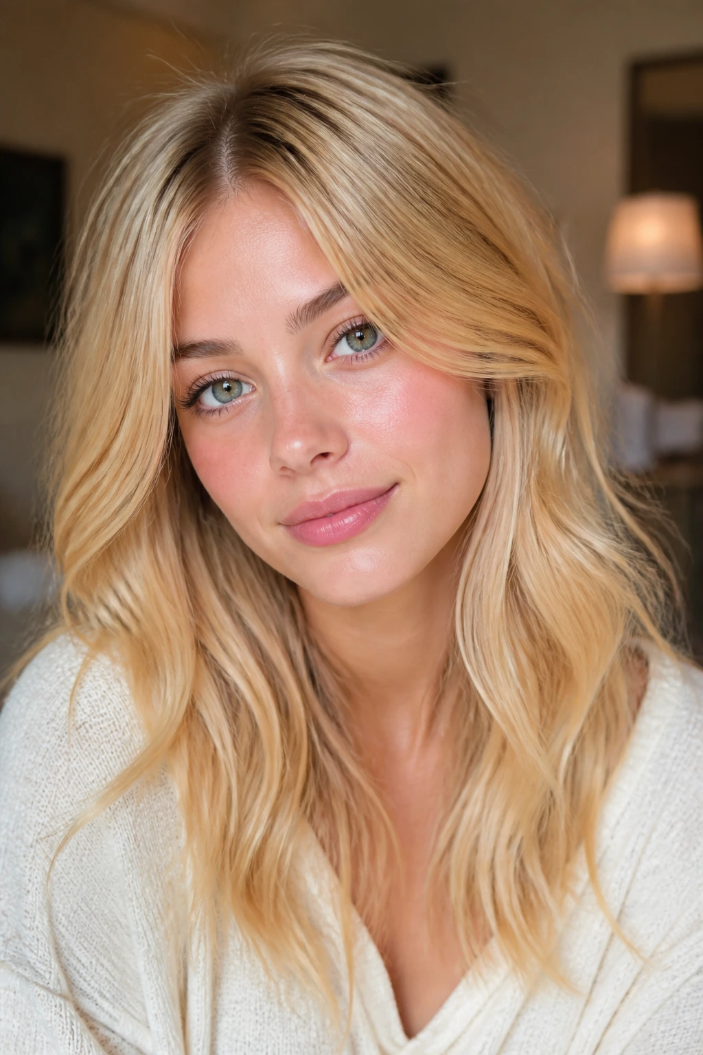 Real woman's yellow blonde hair softly framing the face in warm indoor light