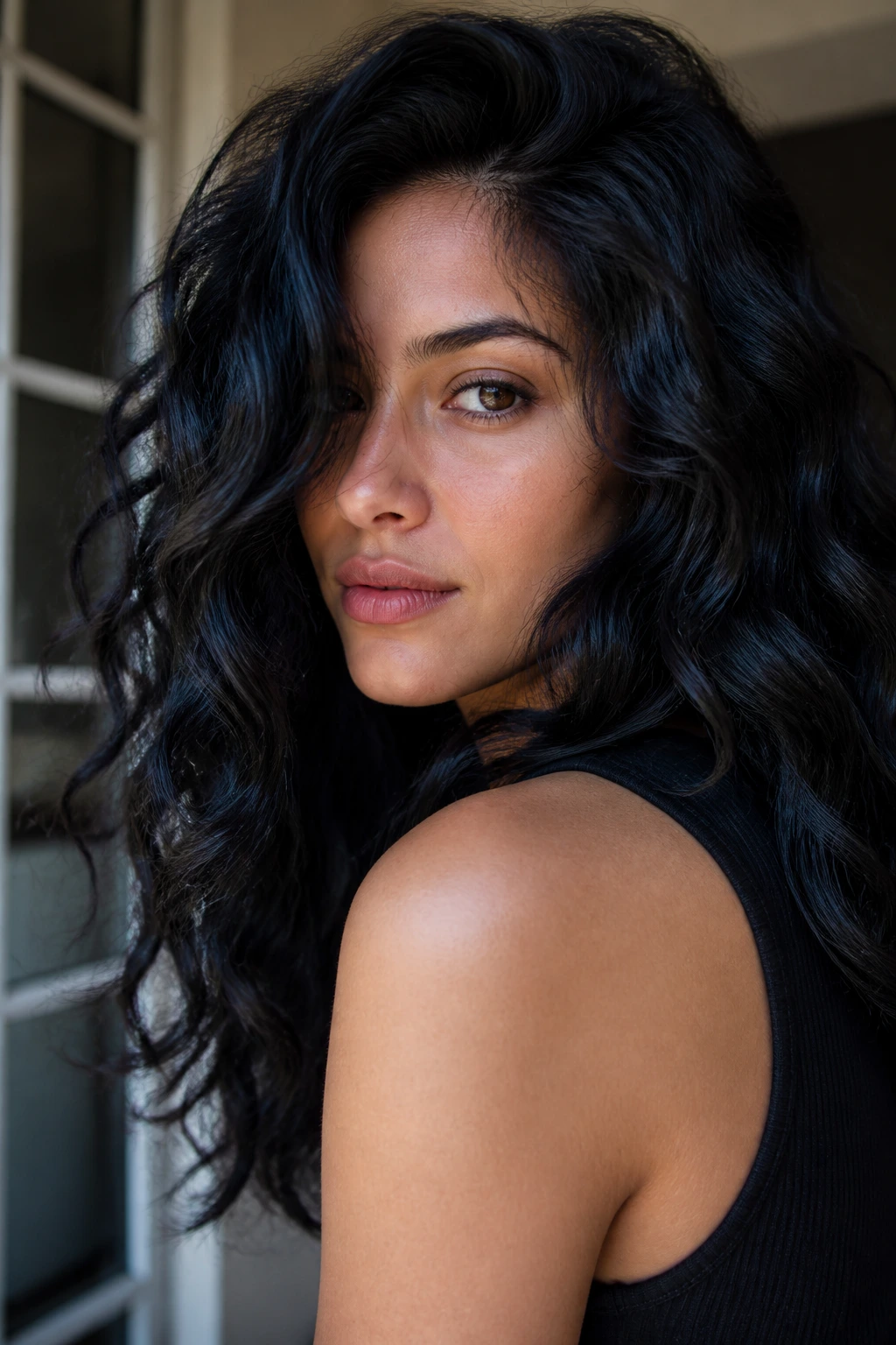 Close-up portrait of a real woman with soft black hair and blue-black shine