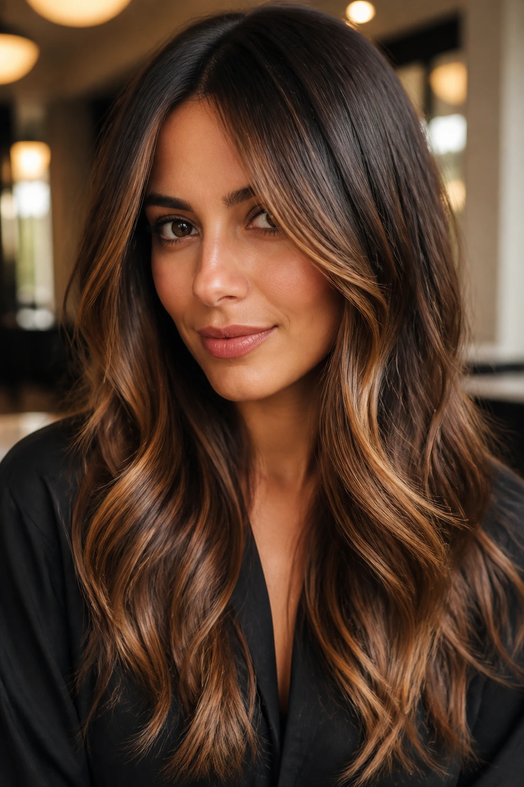 Close-up of brunette with soft ember bronde highlights around the face