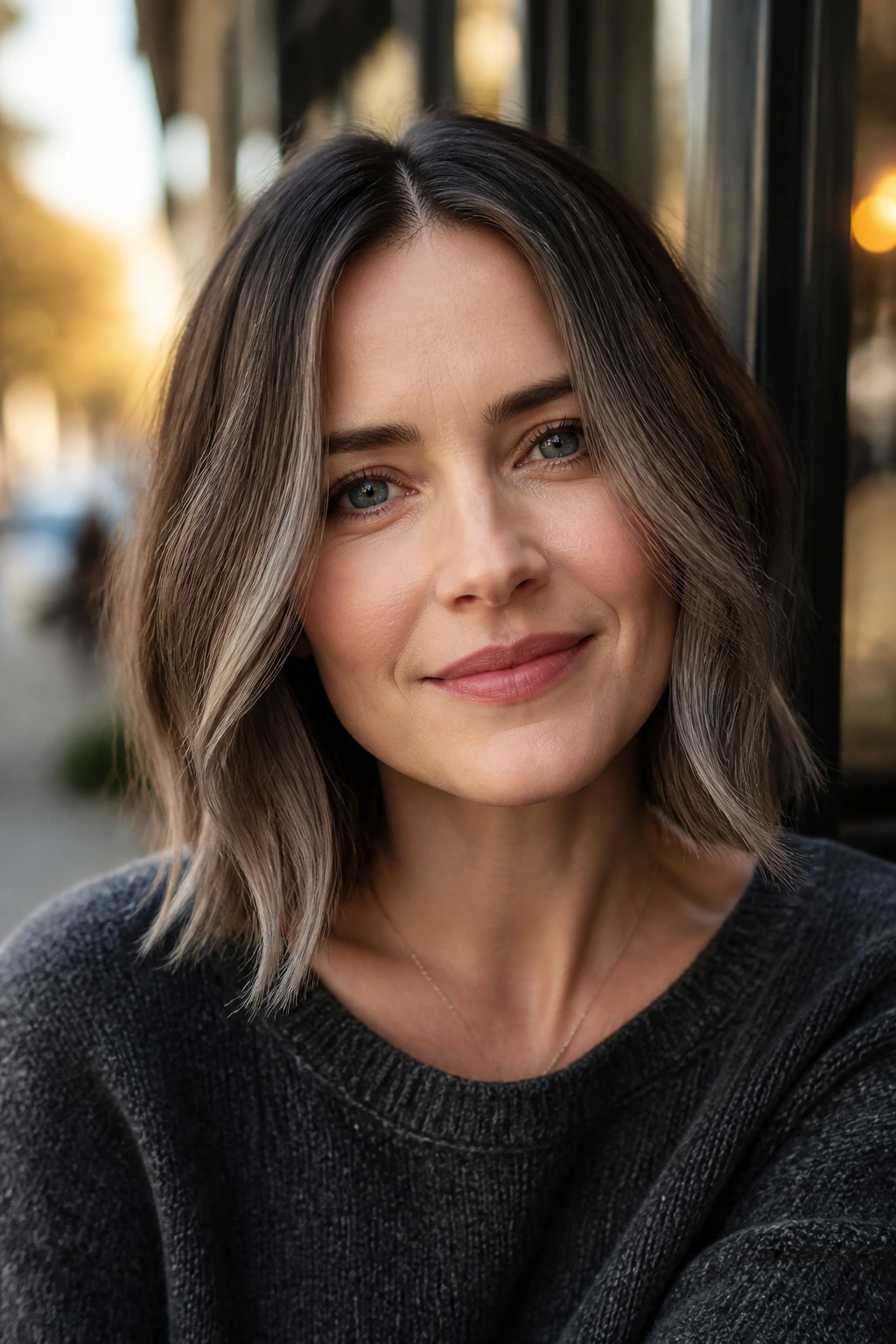 Close-up of a real person with grey highlights that soften the jawline.