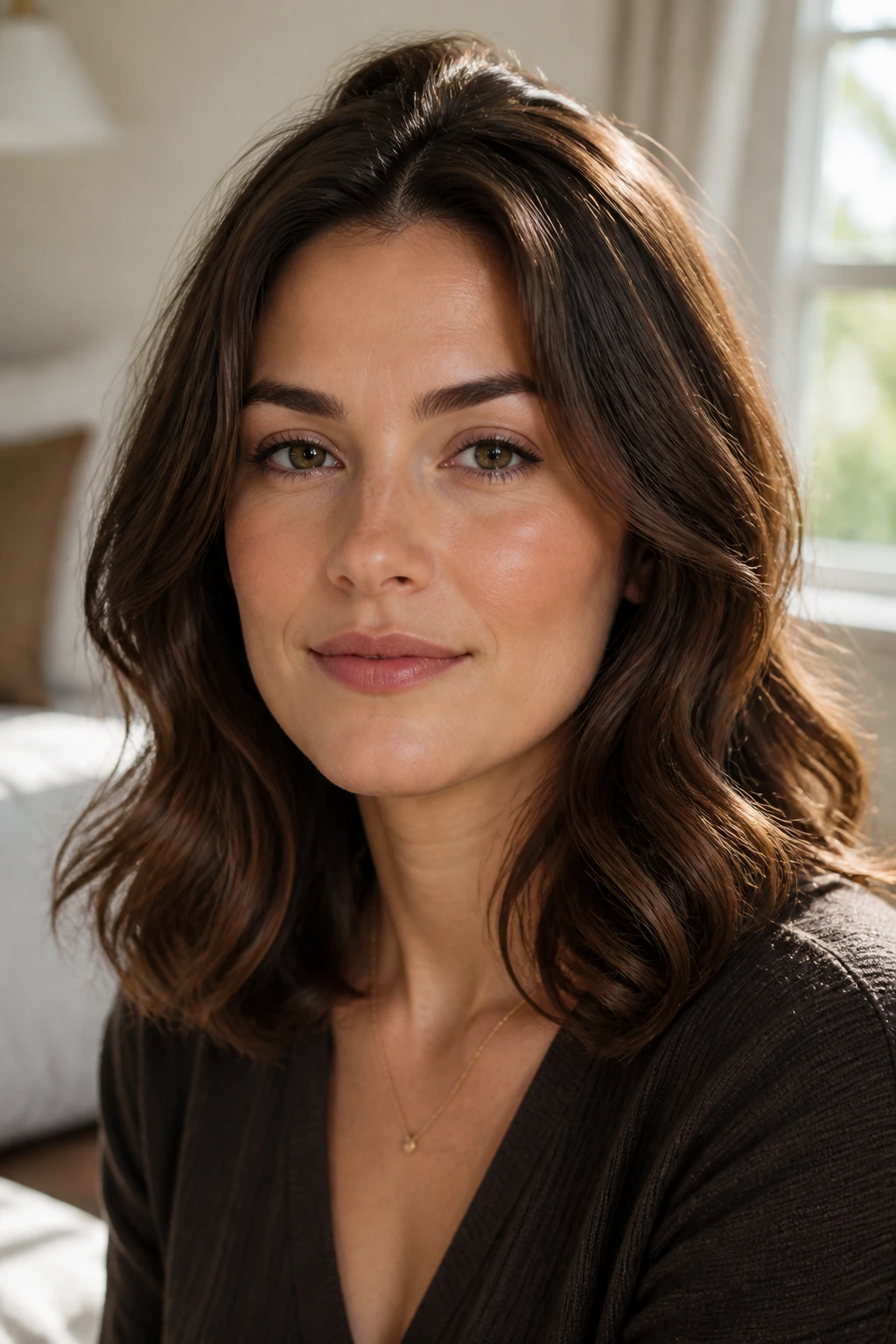 Close-up portrait of a real woman with brown hair and a softened jawline for square-face balance
