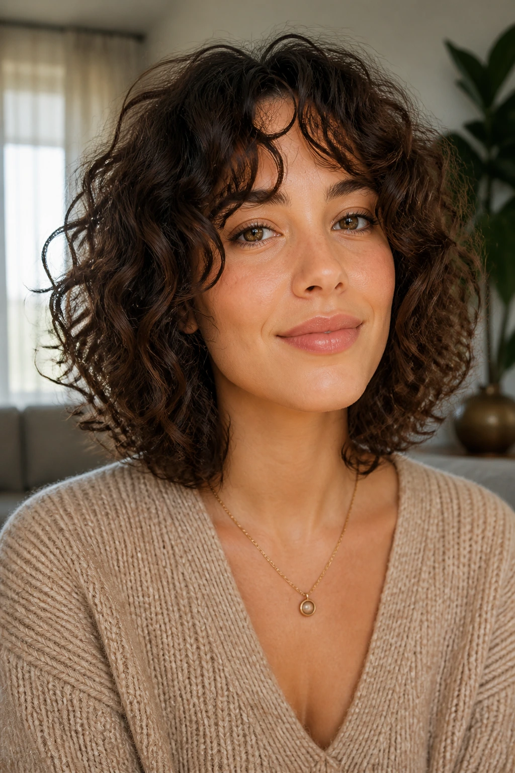 Portrait of a person with rounded curly shape that softens facial features