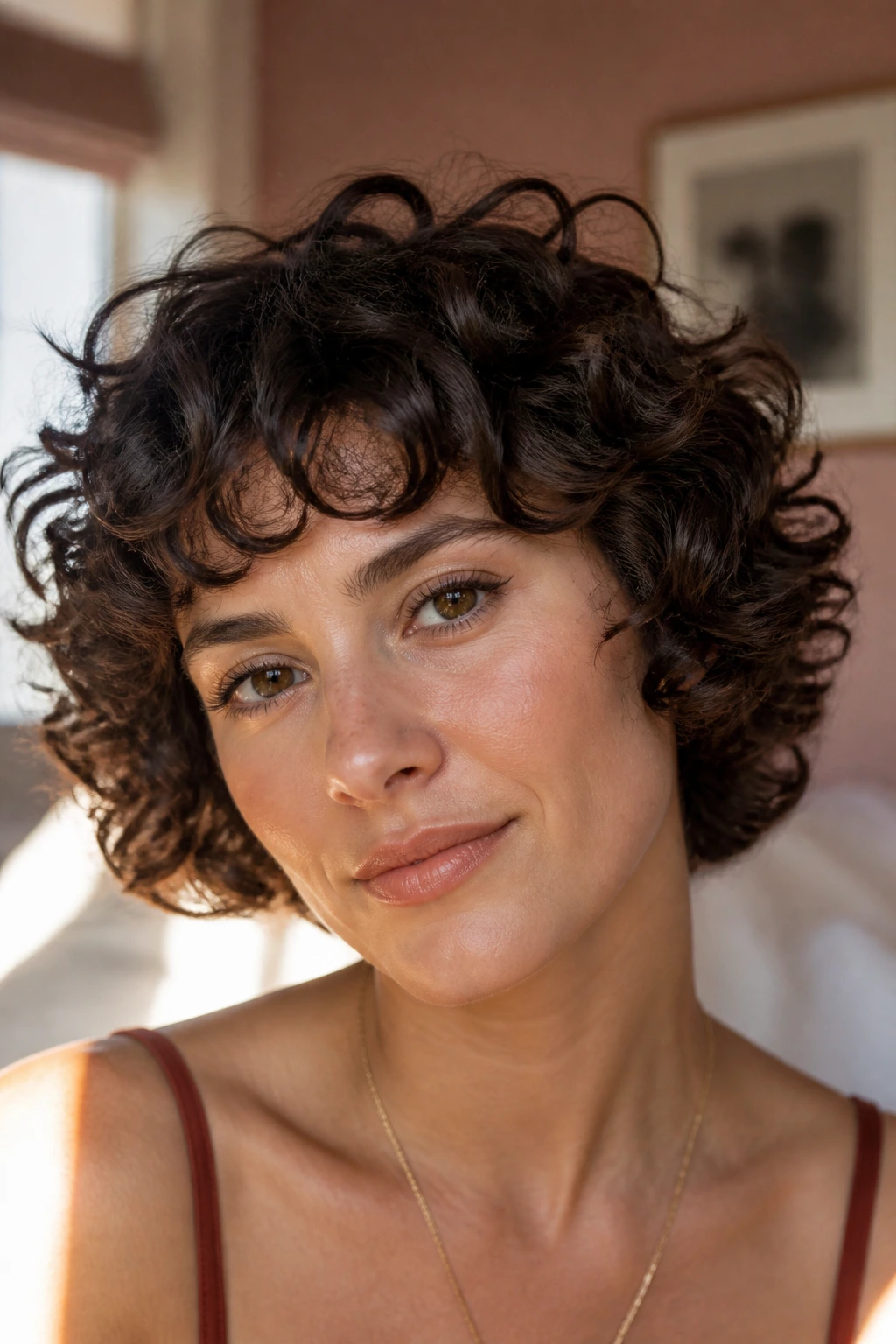 Close-up of a real woman with a soft curved fringe on a square face in a sunlit room