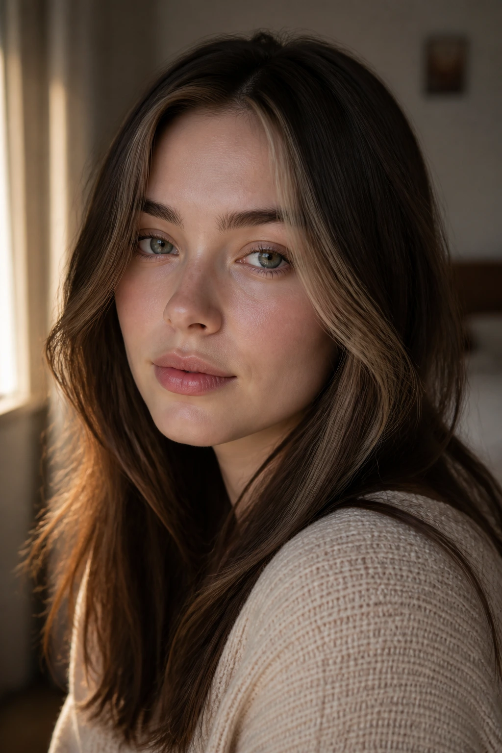 Close-up portrait showing soft brown highlights framing pale skin