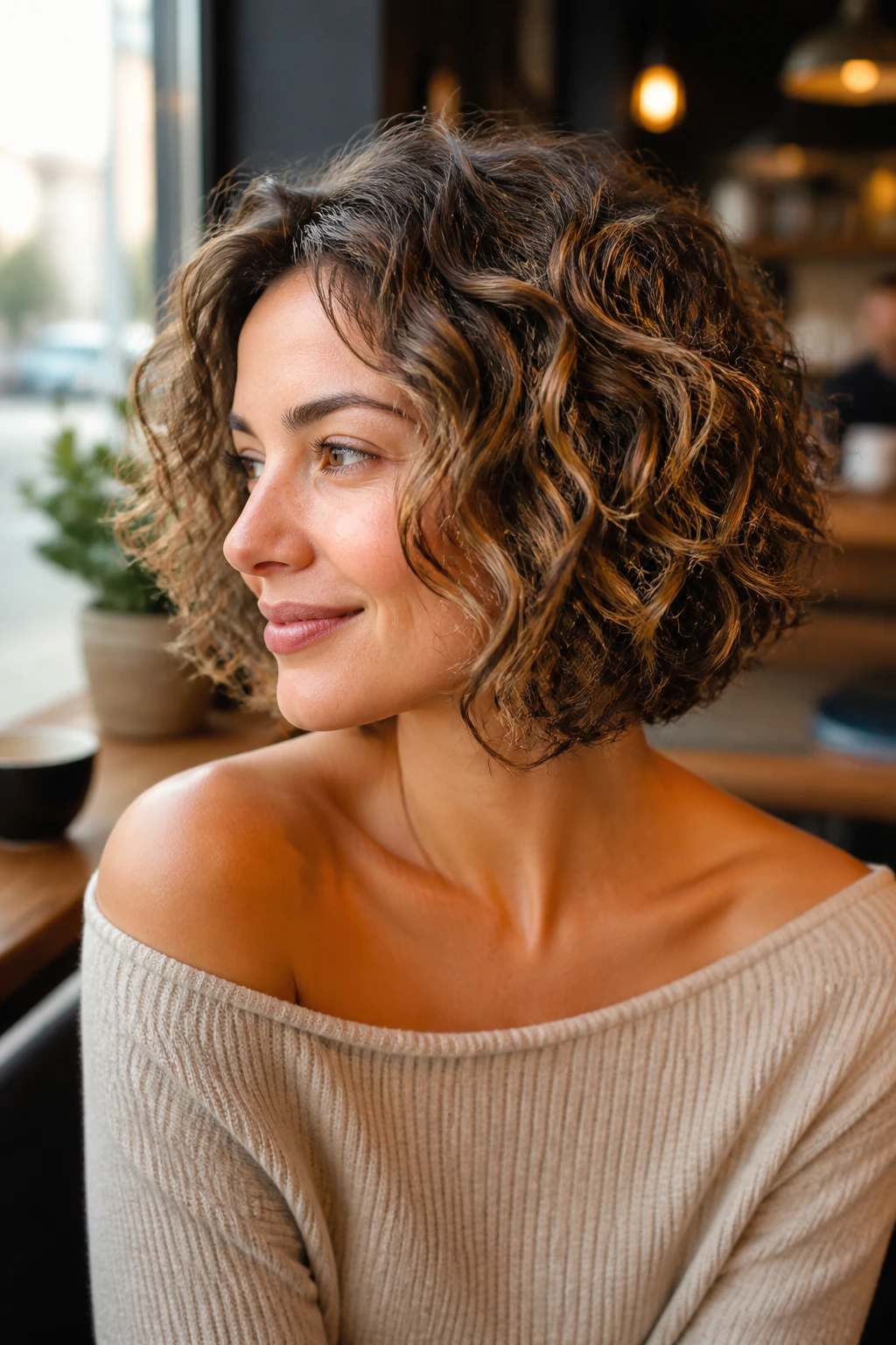 Portrait of a real woman with softly stacked inverted bob grazing the collarbone