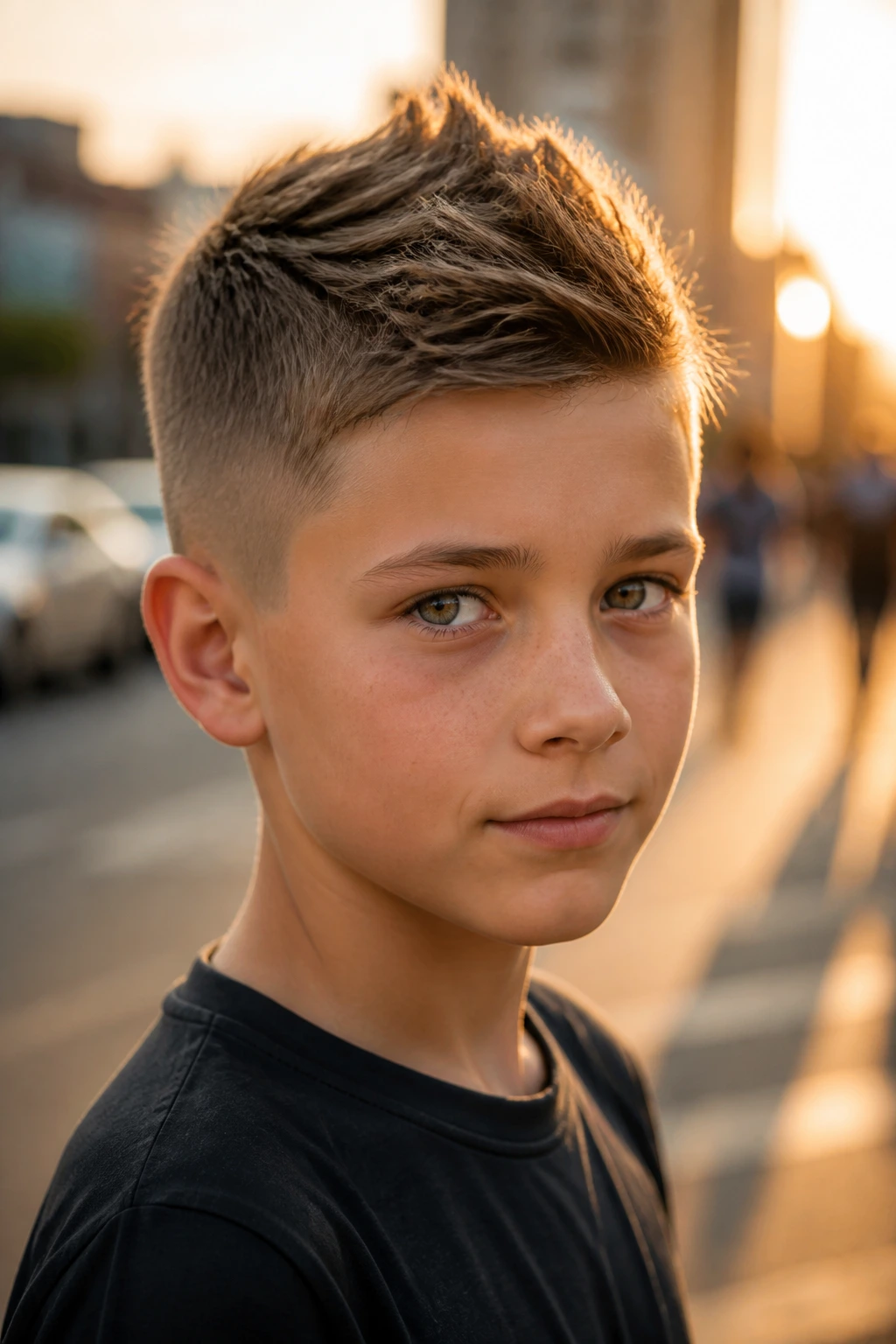 Close-up portrait of a boy with a soft faux hawk and tapered sides in warm light