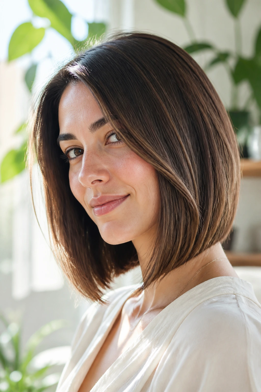 Real woman with a softly angled lob in an airy room with natural light.