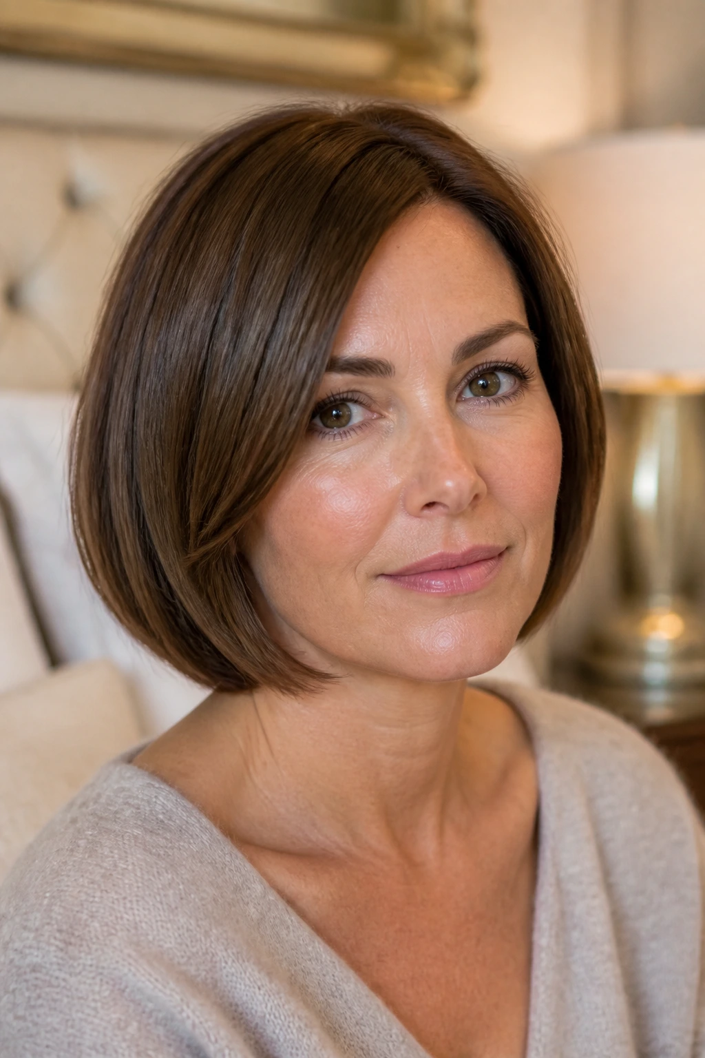 Close-up of a real woman with a softly curved bob