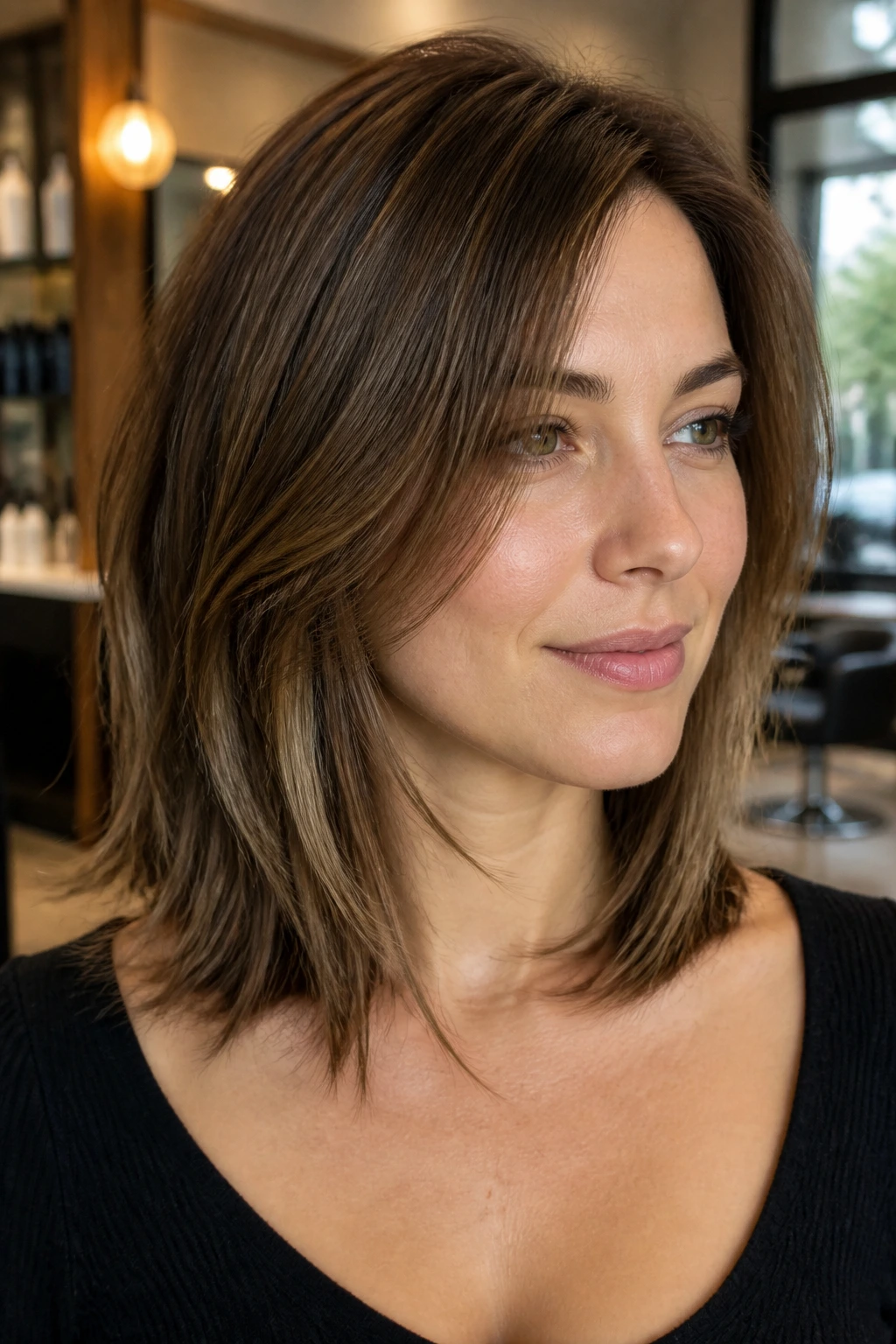 Close-up of a woman with a softly disconnected long-lob and gentle perimeter in a warmly lit salon.