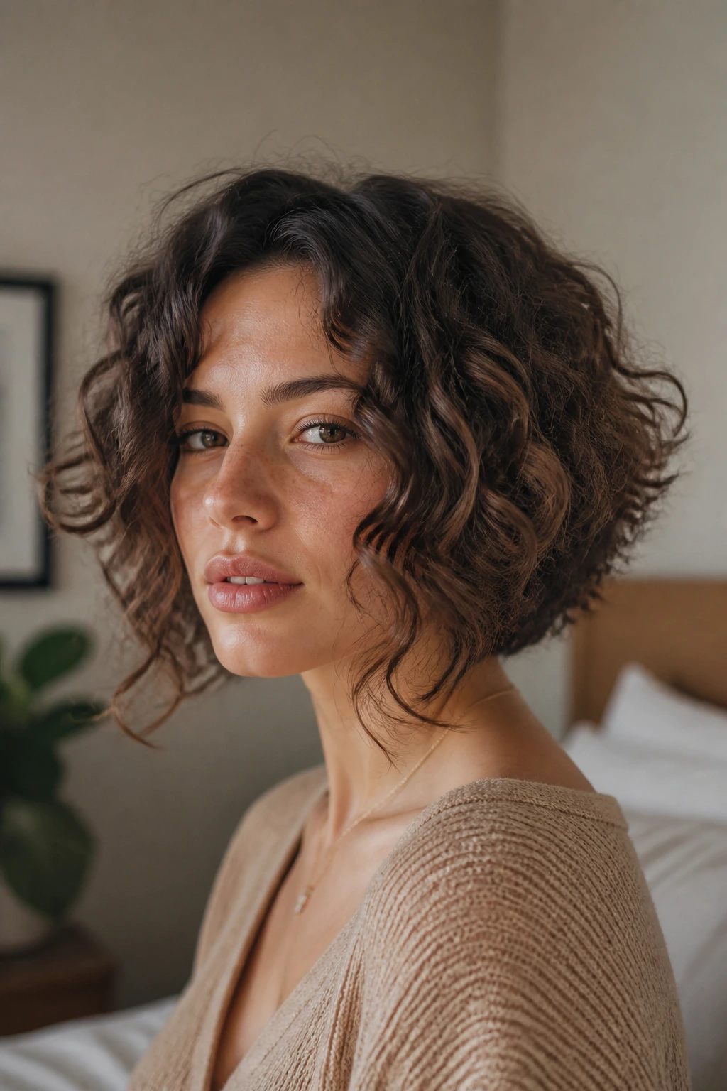 Close-up of a real woman with softly framed curly bob and longer front pieces in warm window light