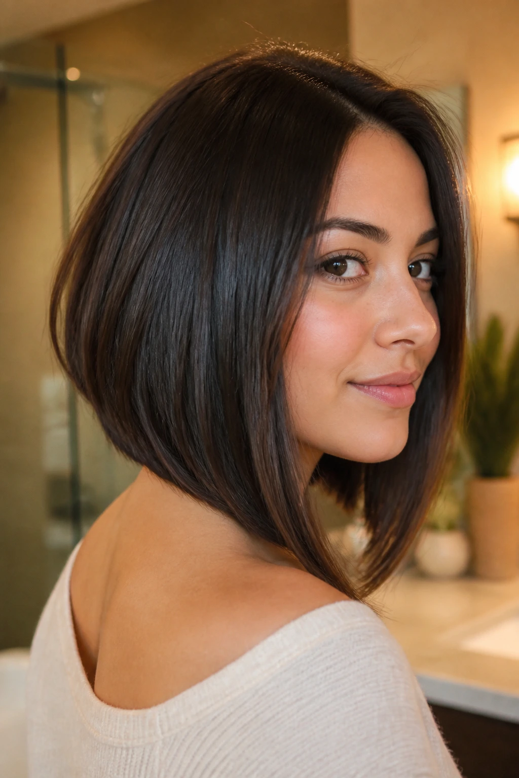 Portrait of real woman with softly graduated lob for grow-out ease