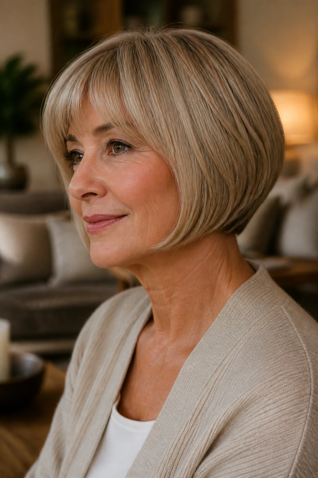 Portrait of a woman with a softly graduated pageboy haircut.