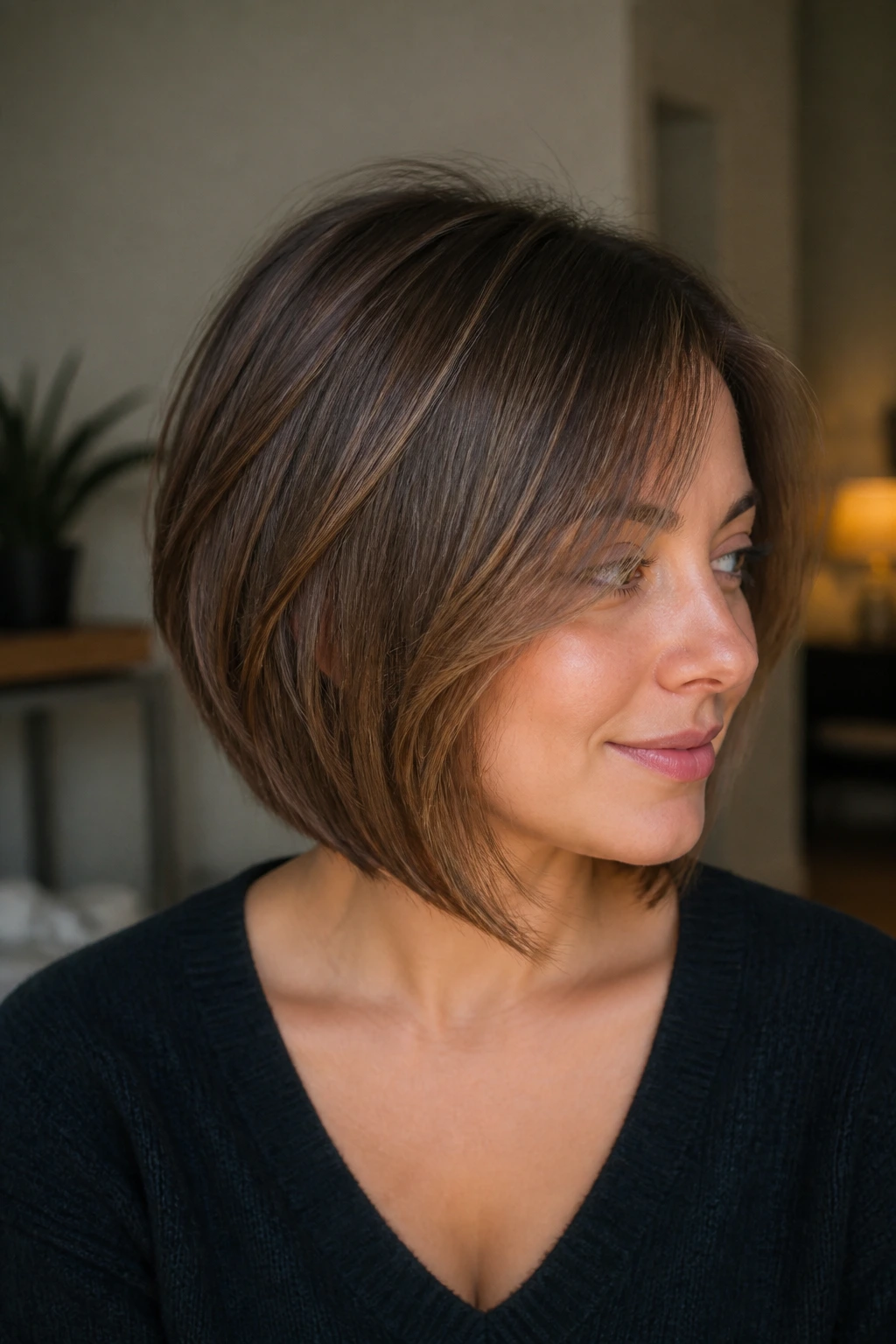 Close-up portrait of a real woman with softly layered internal graduation in an A-line bob