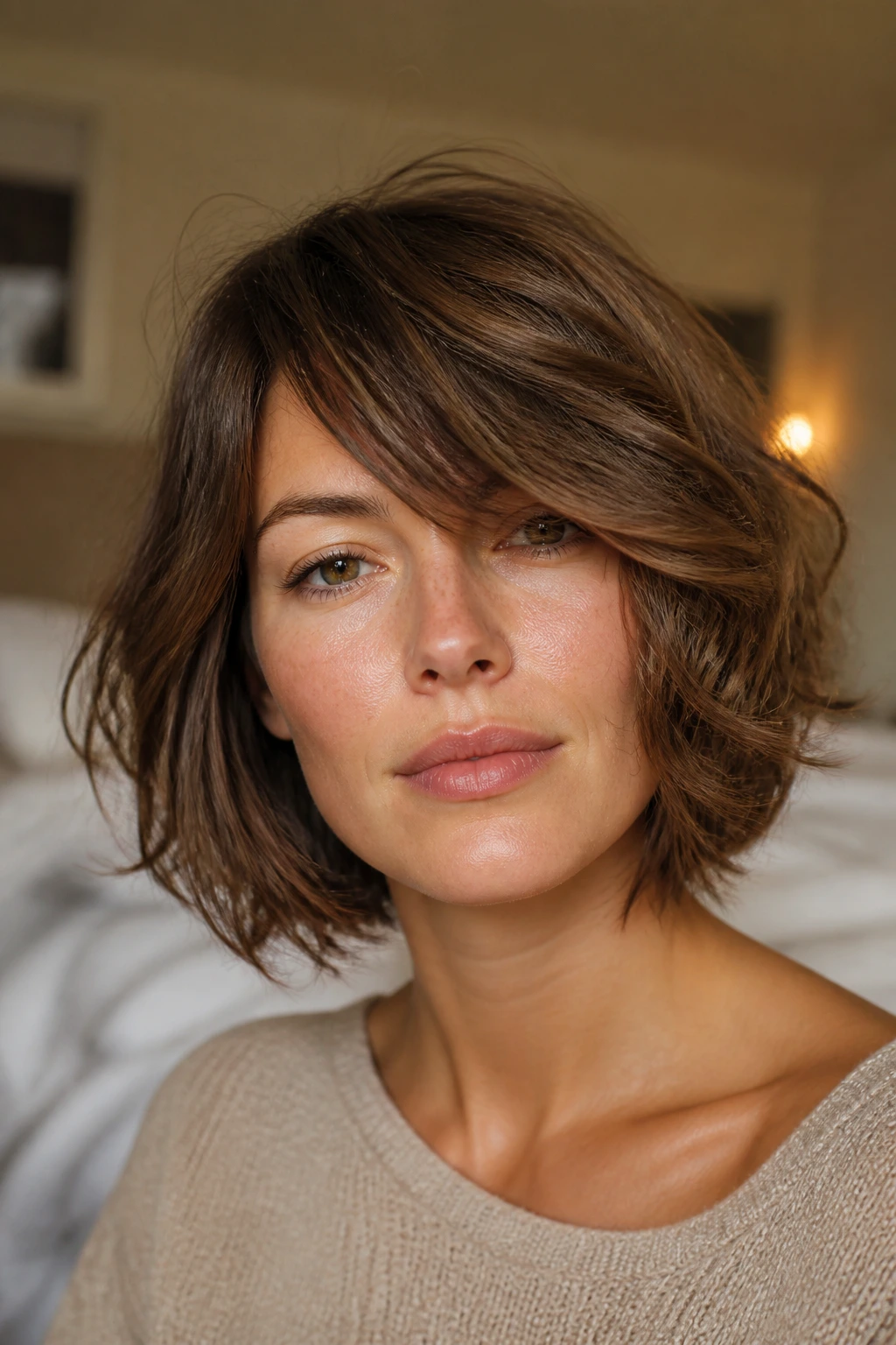 Real person with softly messy bob and side-swept fringe in cozy light