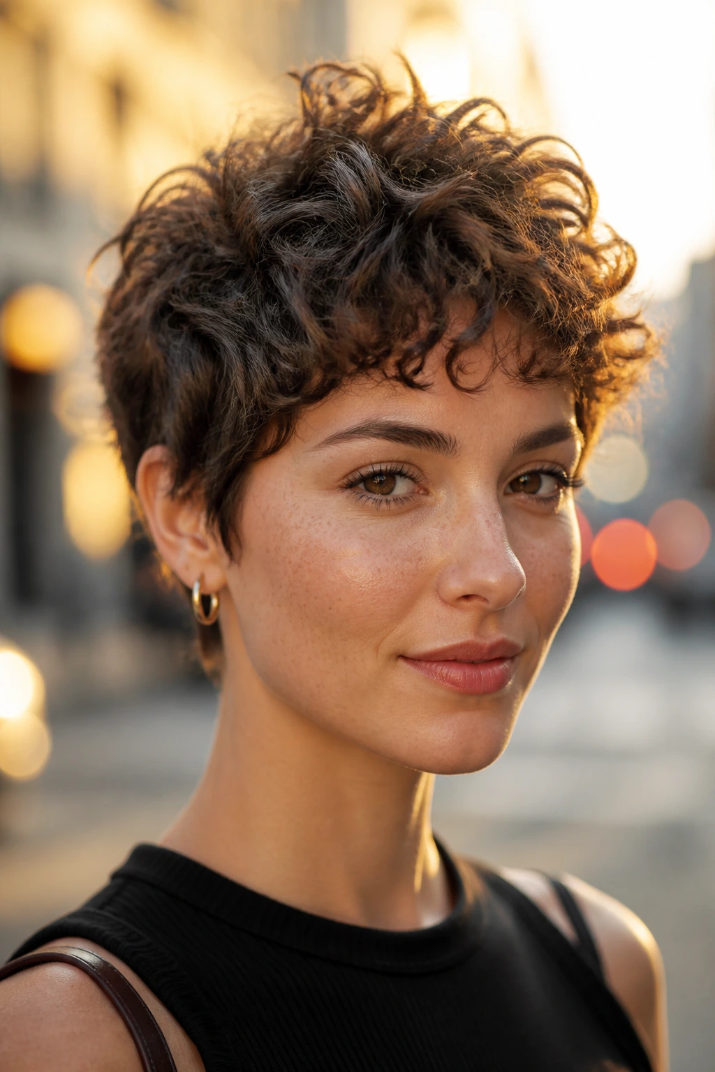 Real woman with softly spiky textured pixie for fine curls outdoors at golden hour.