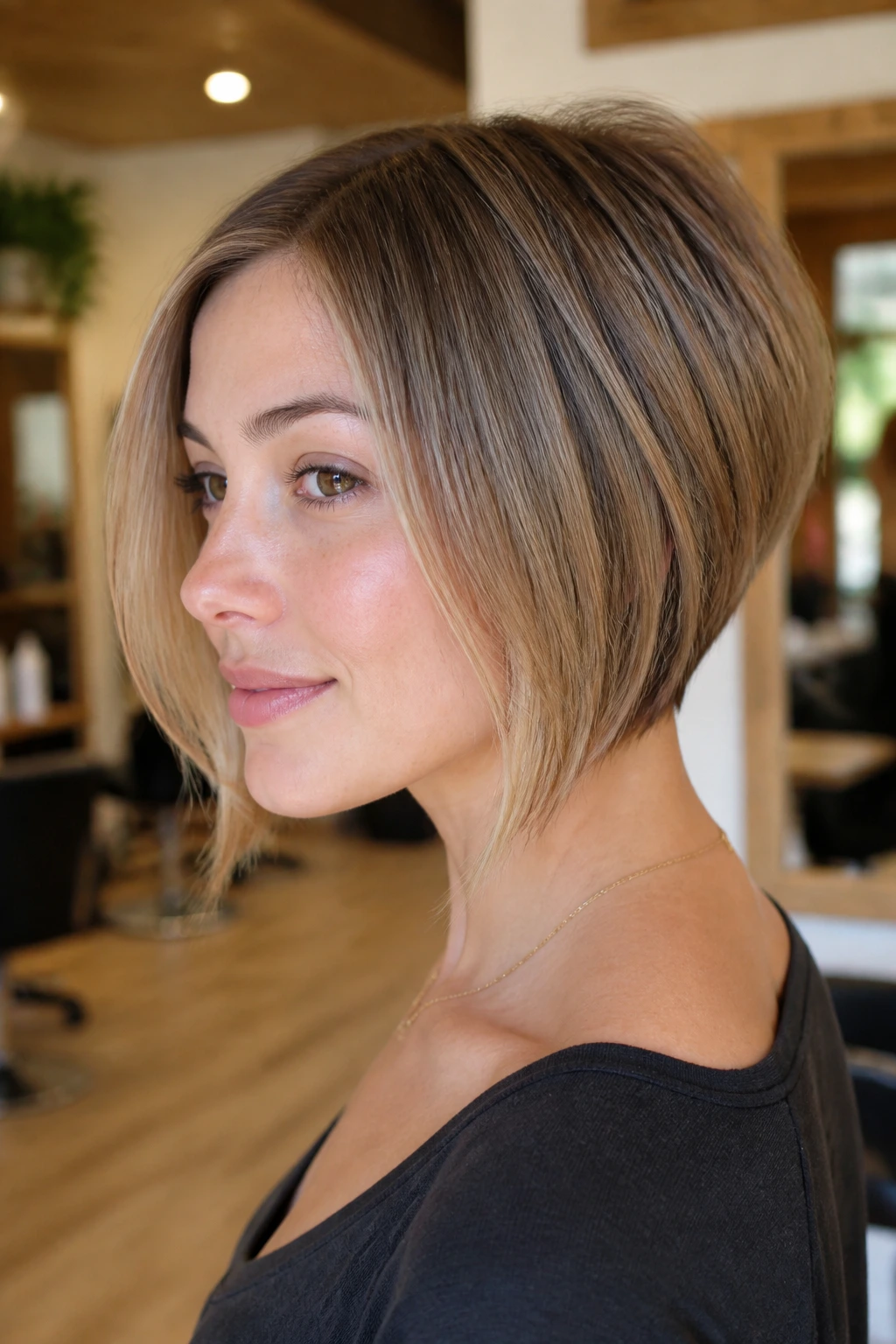 Real woman with softly stacked back and longer front in an A-line bob, close-up