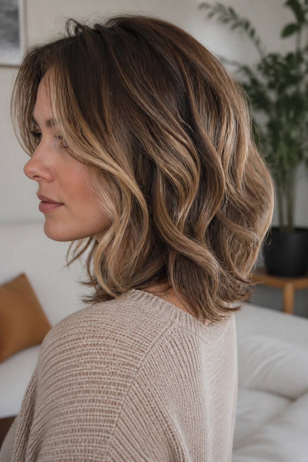 Close-up of a real woman with softly stacked back layers on medium-length wavy hair, subtle nape lift.