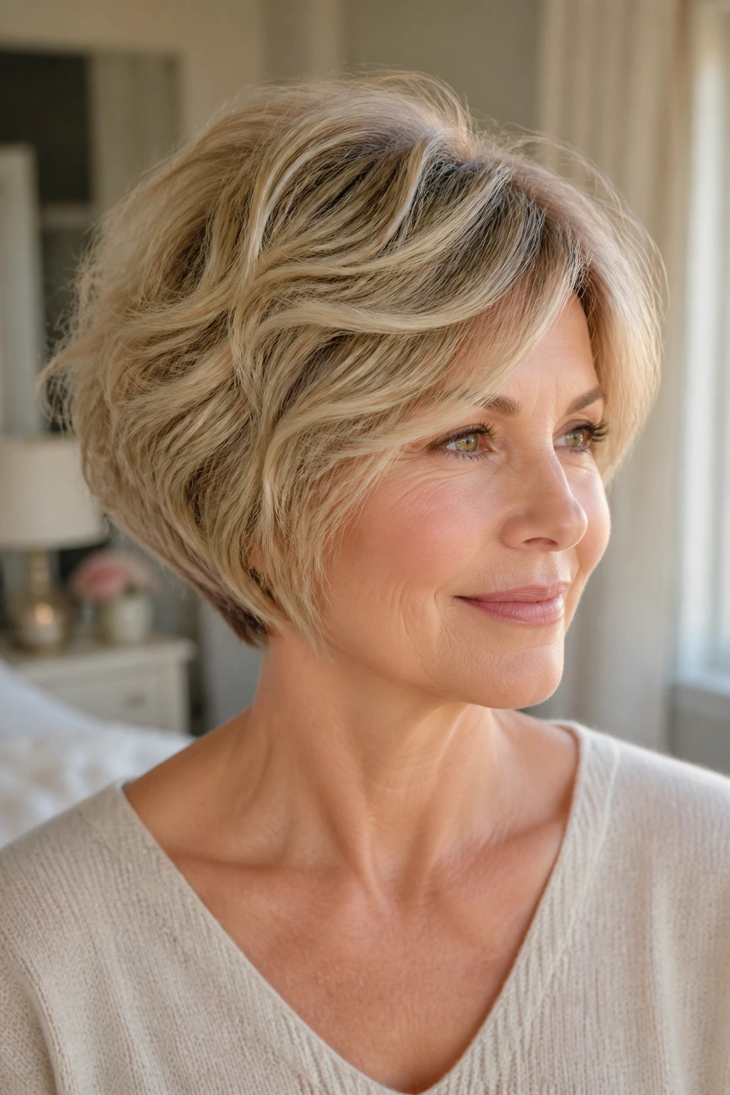 Real woman with softly stacked bob and subtle crown lift