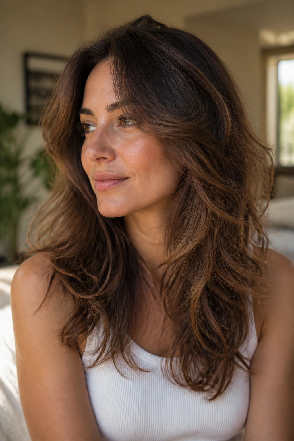 Close-up portrait of a real woman with softly tapered layers for grow out
