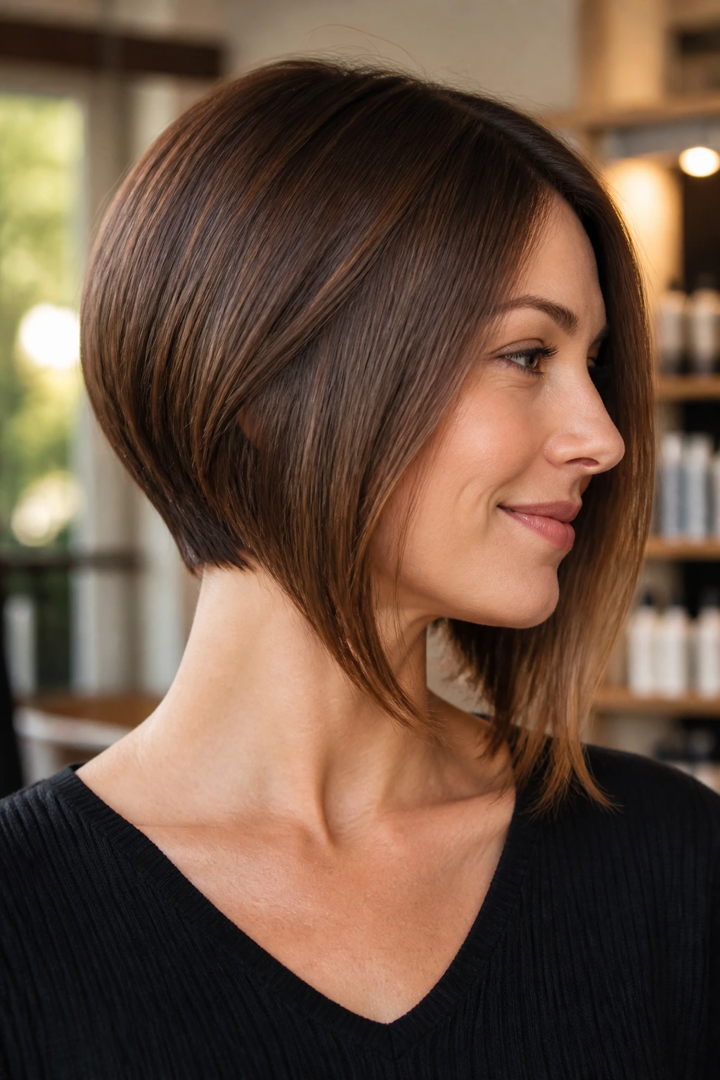Close-up portrait of a real woman with a softly tapered nape lob hairstyle in a chic salon