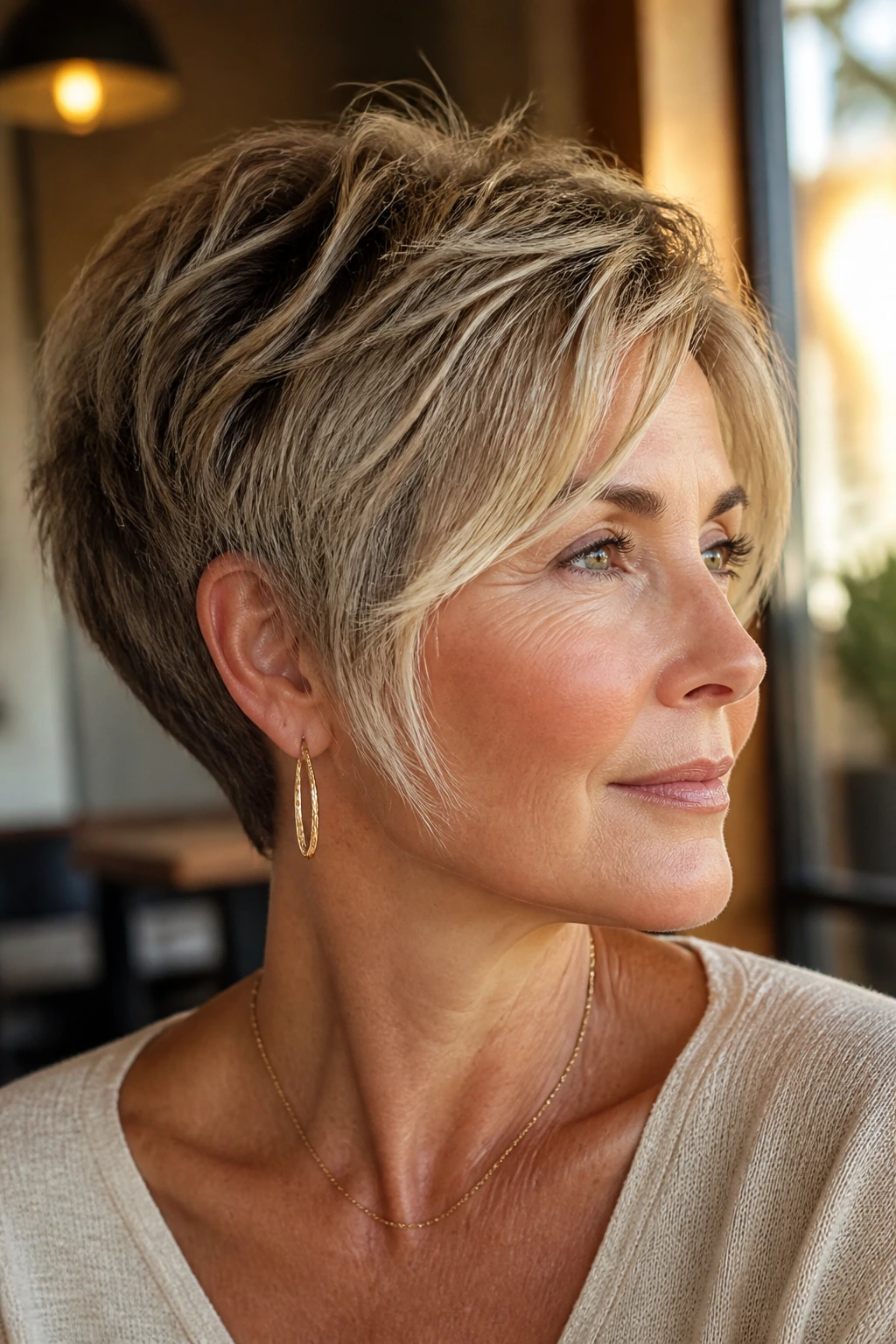 Real woman with a softly textured crop and tapered nape in a warm, sunlit setting